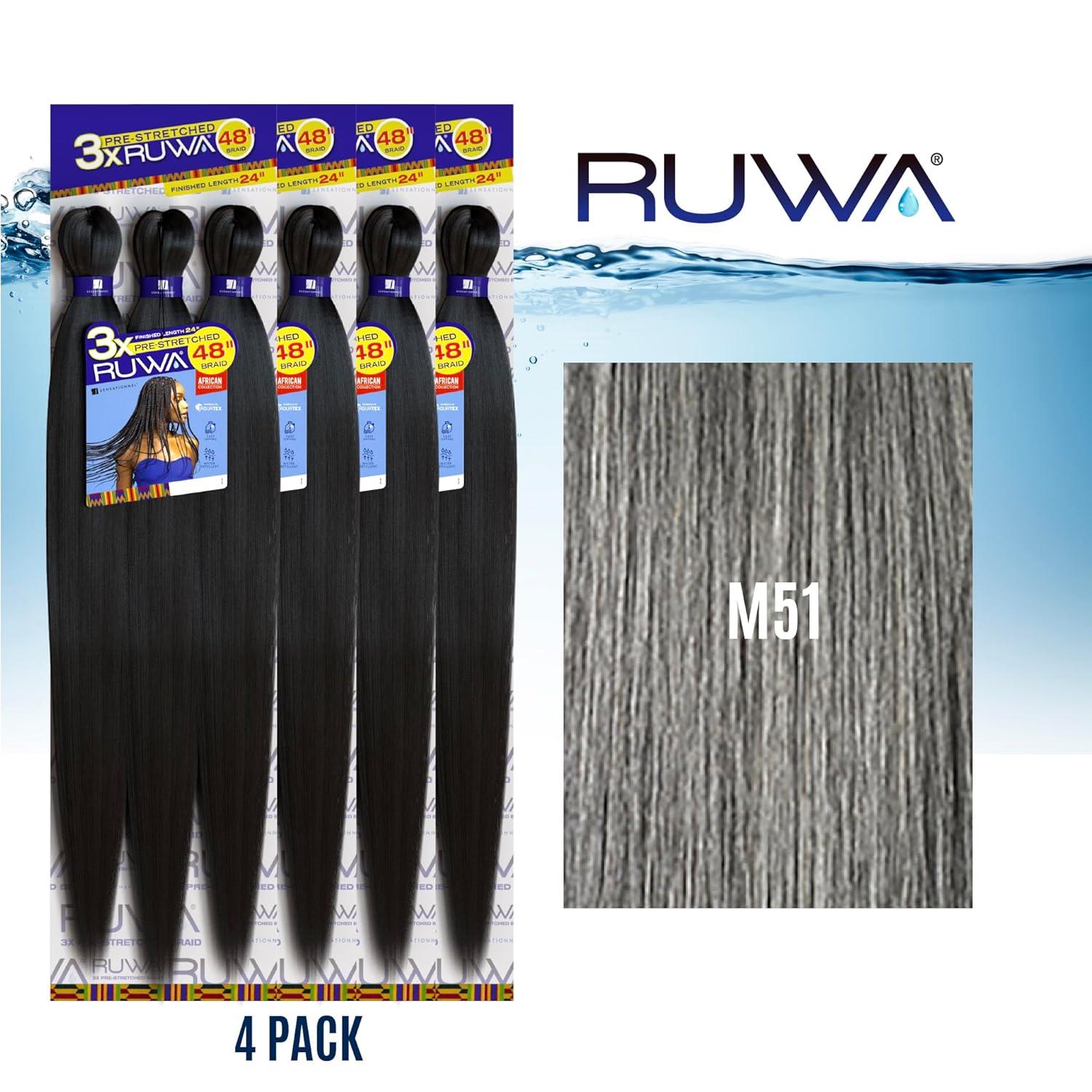 imageSensationnel Ruwa prestretched braiding hair 3x 48 inch water repellent kanekalon fast dry synthetic sports itch free 3 pack 1 JETBLACKM51
