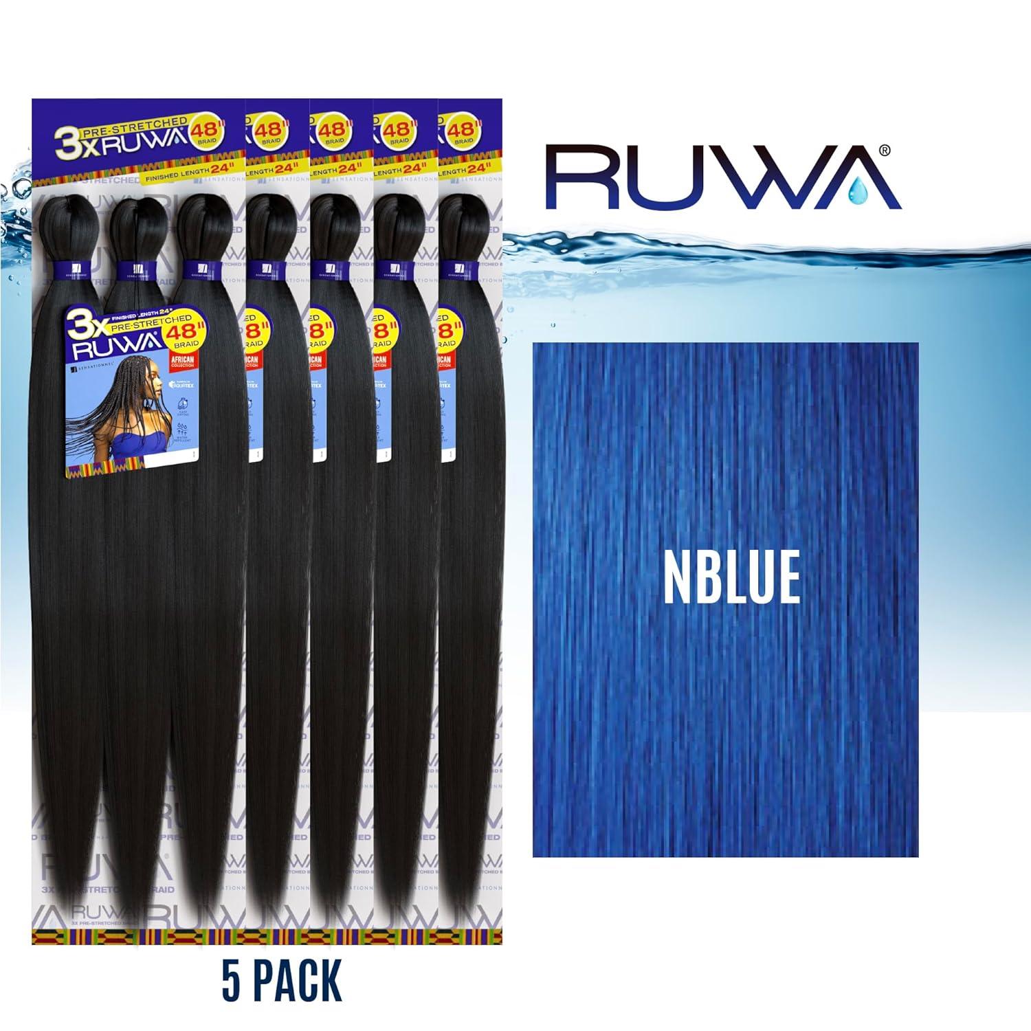 imageSensationnel Ruwa prestretched braiding hair 3x 48 inch water repellent kanekalon fast dry synthetic sports itch free 3 pack 1 JETBLACKNBLUE