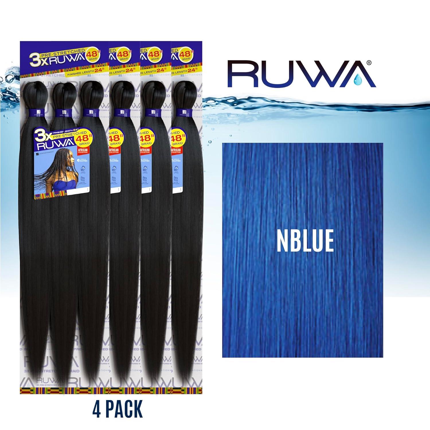 imageSensationnel Ruwa prestretched braiding hair 3x 48 inch water repellent kanekalon fast dry synthetic sports itch free 3 pack 1 JETBLACKNBLUE
