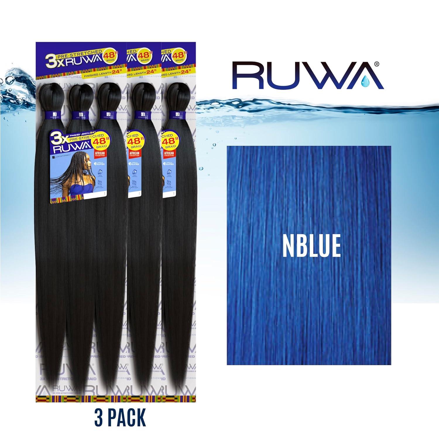 imageSensationnel Ruwa prestretched braiding hair 3x 48 inch water repellent kanekalon fast dry synthetic sports itch free 3 pack 1 JETBLACKNBLUE