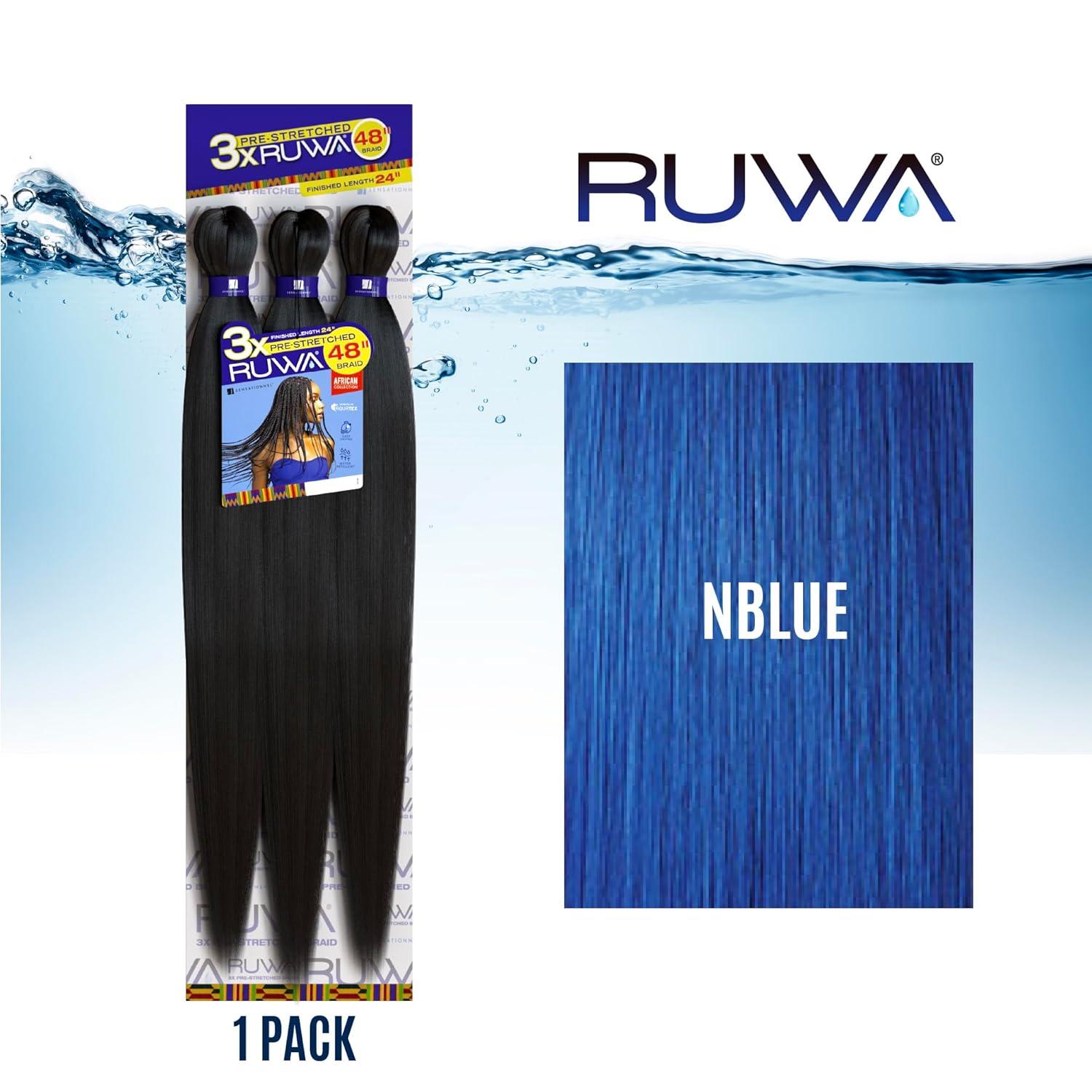 imageSensationnel Ruwa prestretched braiding hair 3x 48 inch water repellent kanekalon fast dry synthetic sports itch free 3 pack 1 JETBLACKNBLUE