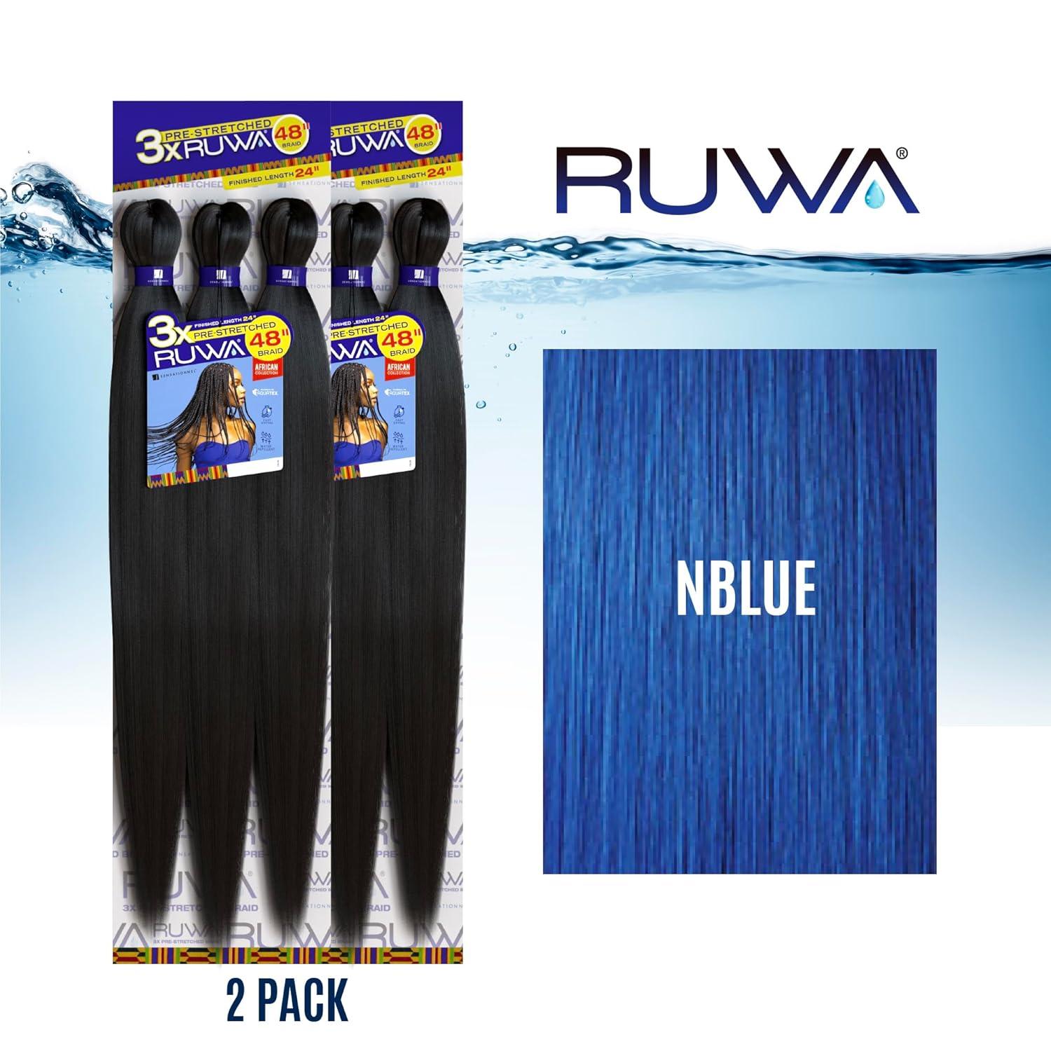 imageSensationnel Ruwa prestretched braiding hair 3x 48 inch water repellent kanekalon fast dry synthetic sports itch free 3 pack 1 JETBLACKNBLUE
