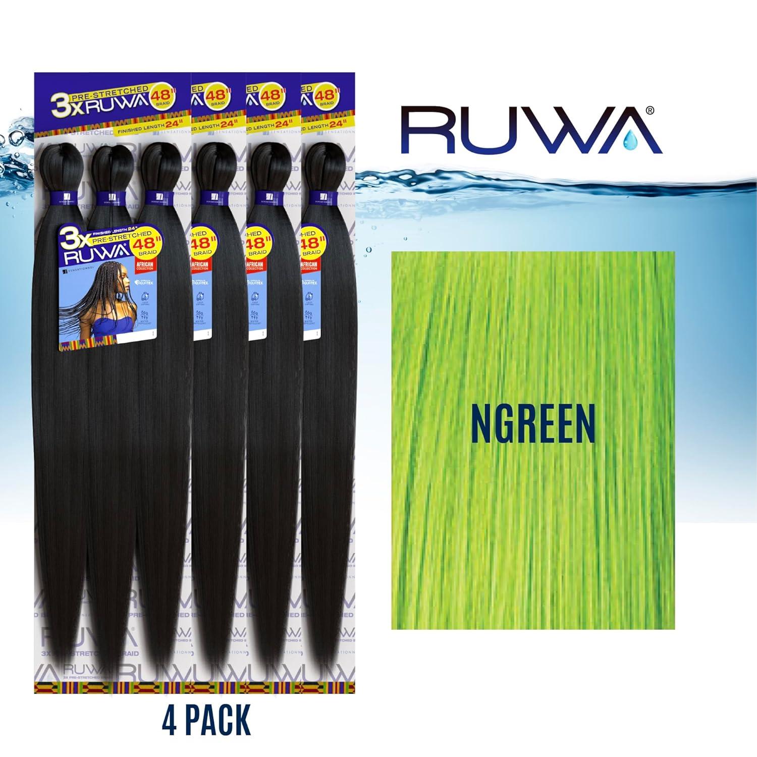 imageSensationnel Ruwa prestretched braiding hair 3x 48 inch water repellent kanekalon fast dry synthetic sports itch free 3 pack 1 JETBLACKNGREEN