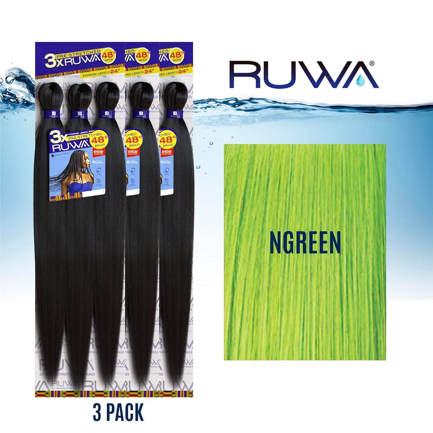 imageSensationnel Ruwa prestretched braiding hair 3x 48 inch water repellent kanekalon fast dry synthetic sports itch free 3 pack 1 JETBLACKNGREEN