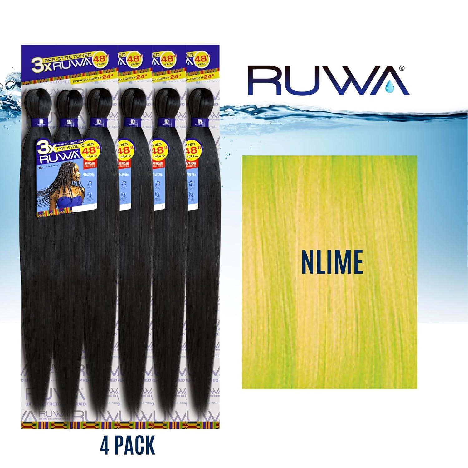 imageSensationnel Ruwa prestretched braiding hair 3x 48 inch water repellent kanekalon fast dry synthetic sports itch free 3 pack 1 JETBLACKNLIME