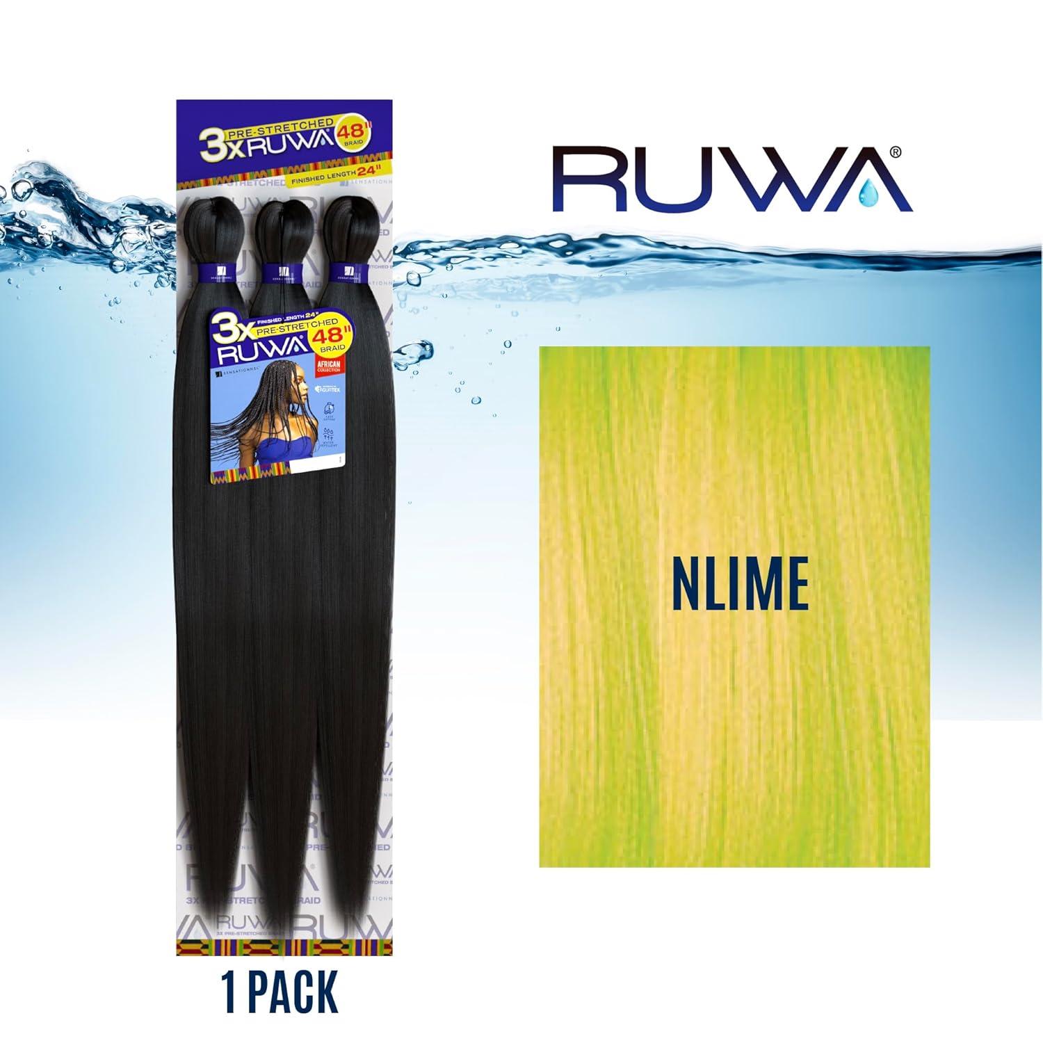 imageSensationnel Ruwa prestretched braiding hair 3x 48 inch water repellent kanekalon fast dry synthetic sports itch free 3 pack 1 JETBLACKNLIME