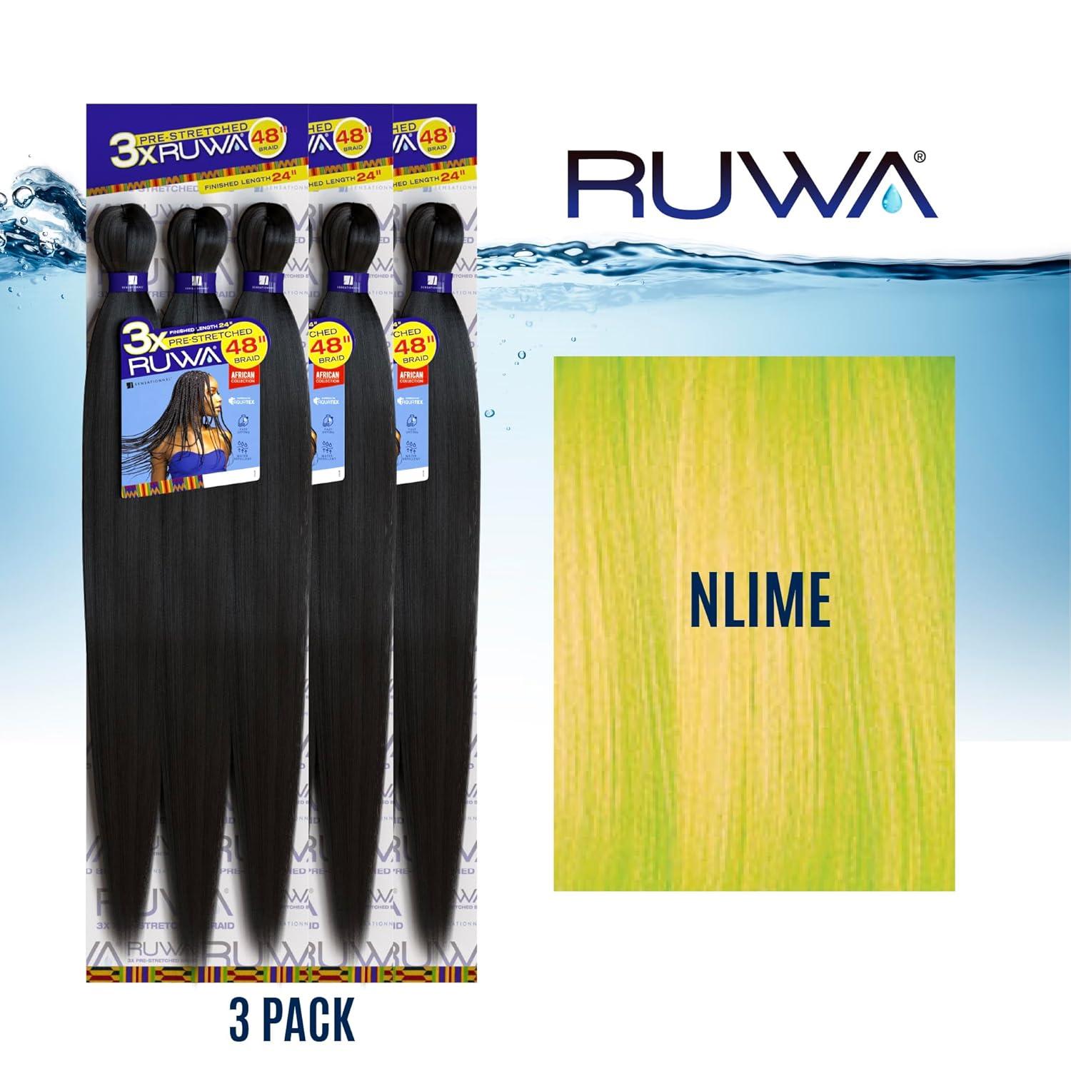 imageSensationnel Ruwa prestretched braiding hair 3x 48 inch water repellent kanekalon fast dry synthetic sports itch free 3 pack 1 JETBLACKNLIME