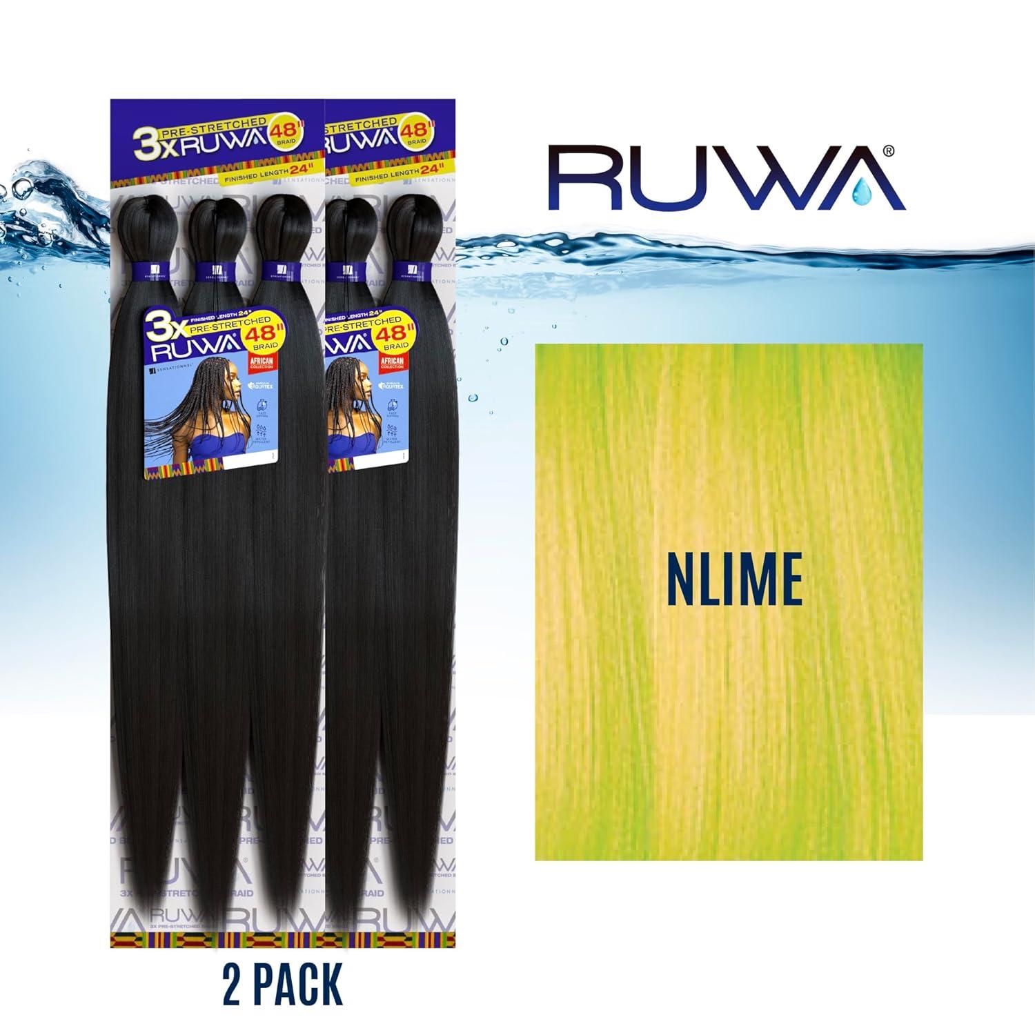imageSensationnel Ruwa prestretched braiding hair 3x 48 inch water repellent kanekalon fast dry synthetic sports itch free 3 pack 1 JETBLACKNLIME