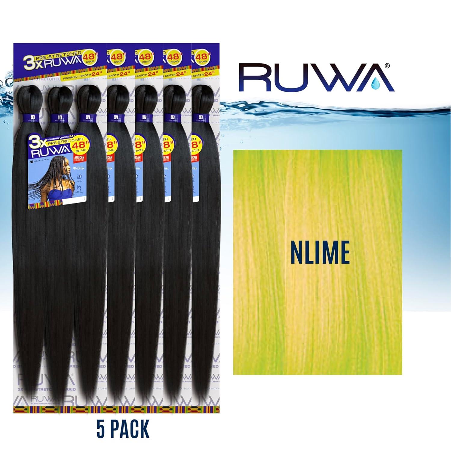 imageSensationnel Ruwa prestretched braiding hair 3x 48 inch water repellent kanekalon fast dry synthetic sports itch free 3 pack 1 JETBLACKNLIME