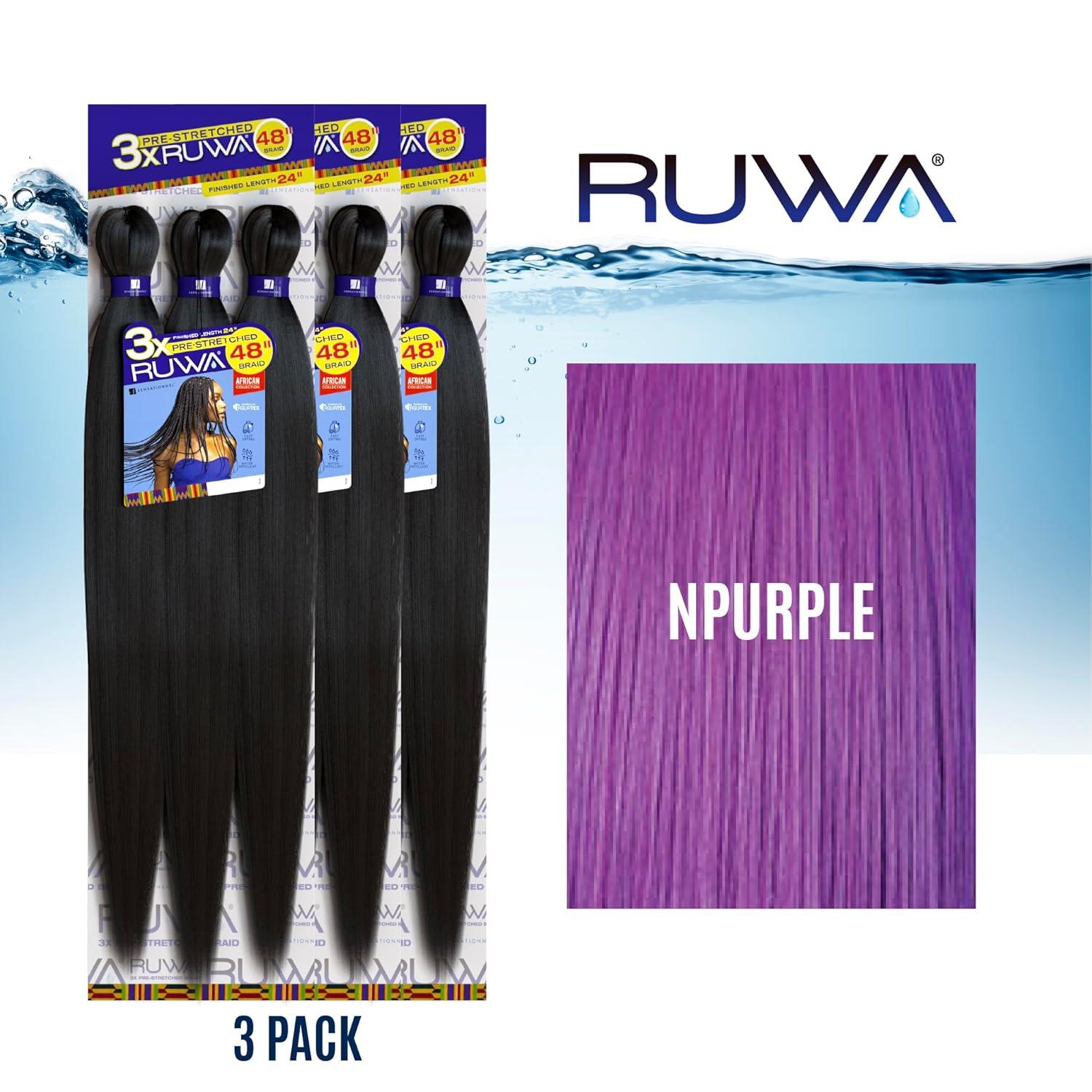 imageSensationnel Ruwa prestretched braiding hair 3x 48 inch water repellent kanekalon fast dry synthetic sports itch free 3 pack 1 JETBLACKNPURPLE