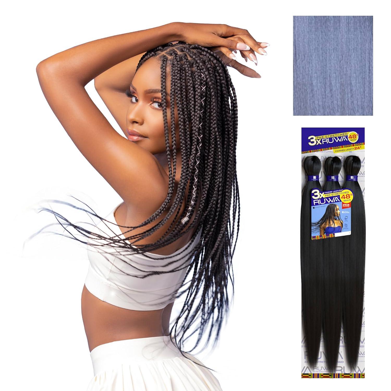imageSensationnel Ruwa prestretched braiding hair 3x 48 inch water repellent kanekalon fast dry synthetic sports itch free 3 pack 1 JETBLACKPERIWINKLE