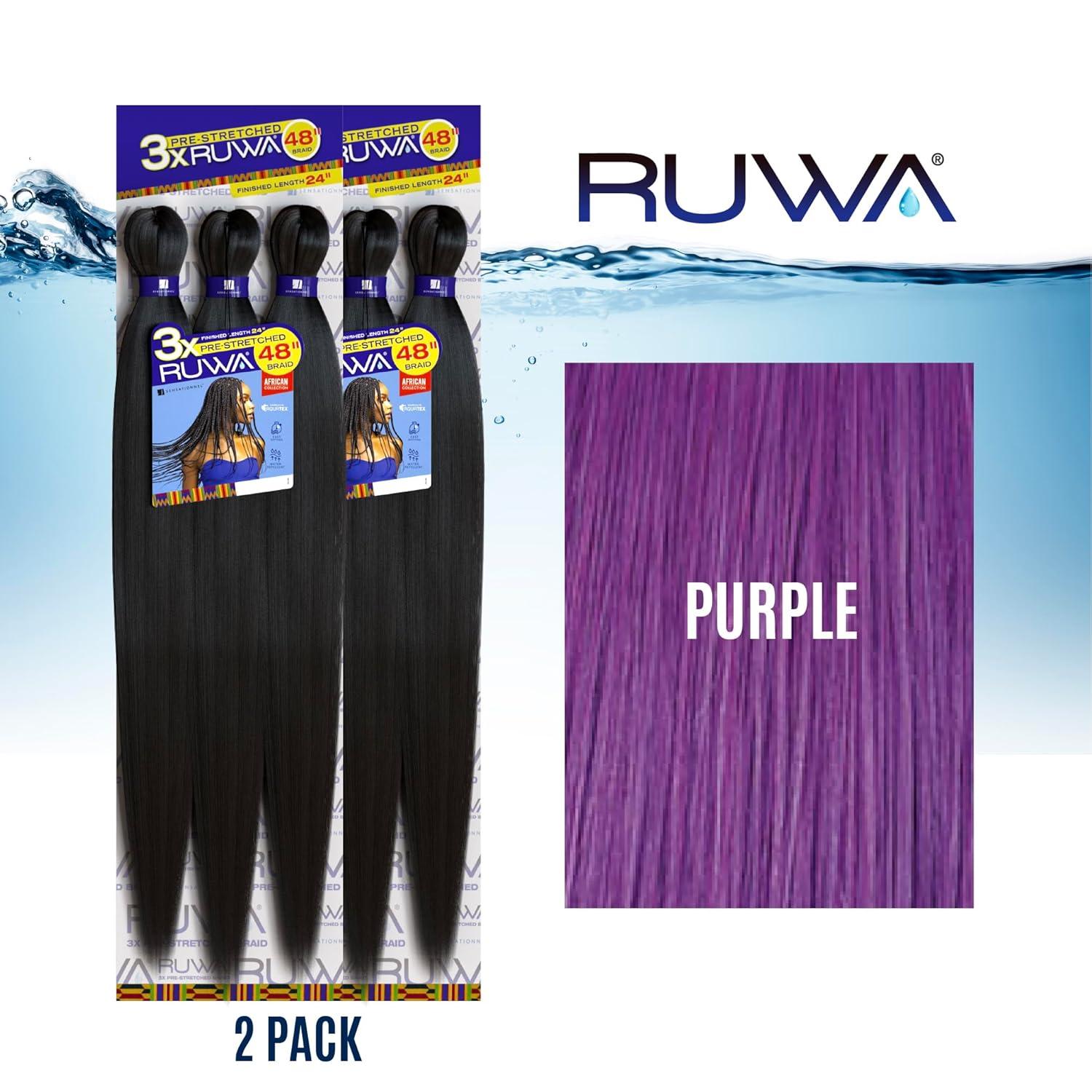 imageSensationnel Ruwa prestretched braiding hair 3x 48 inch water repellent kanekalon fast dry synthetic sports itch free 3 pack 1 JETBLACKPURPLE