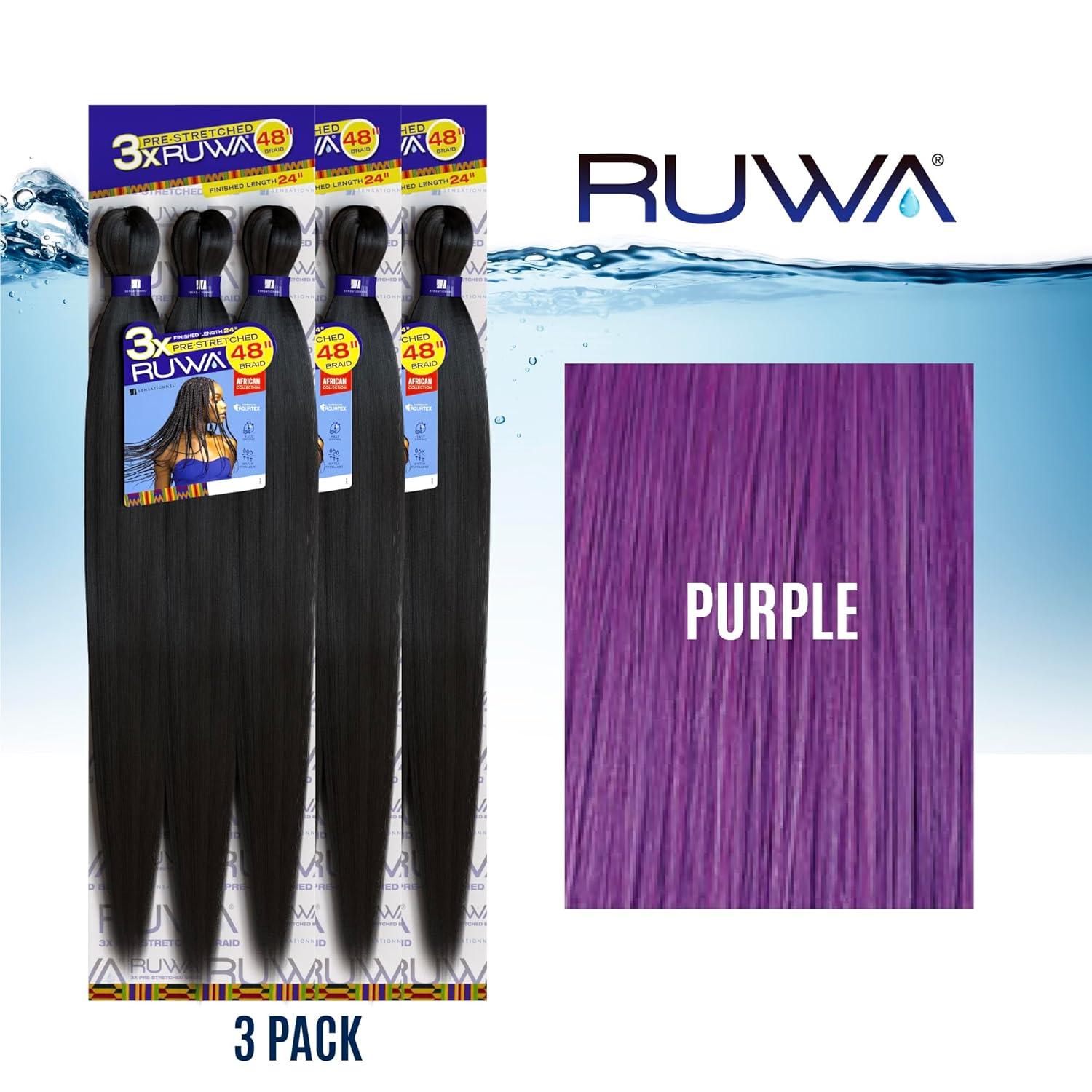 imageSensationnel Ruwa prestretched braiding hair 3x 48 inch water repellent kanekalon fast dry synthetic sports itch free 3 pack 1 JETBLACKPURPLE