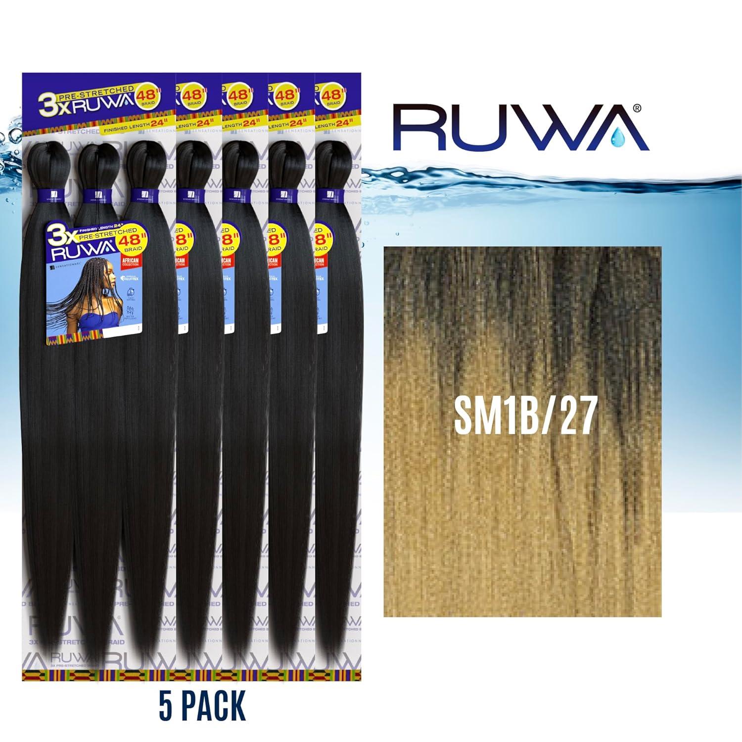imageSensationnel Ruwa prestretched braiding hair 3x 48 inch water repellent kanekalon fast dry synthetic sports itch free 3 pack 1 JETBLACKSM1B27