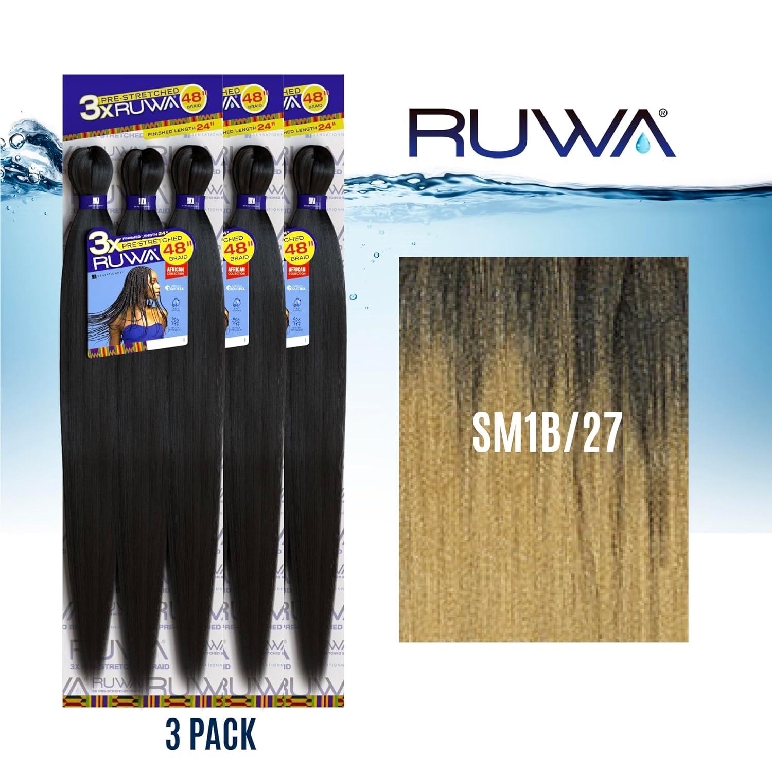 imageSensationnel Ruwa prestretched braiding hair 3x 48 inch water repellent kanekalon fast dry synthetic sports itch free 3 pack 1 JETBLACKSM1B27
