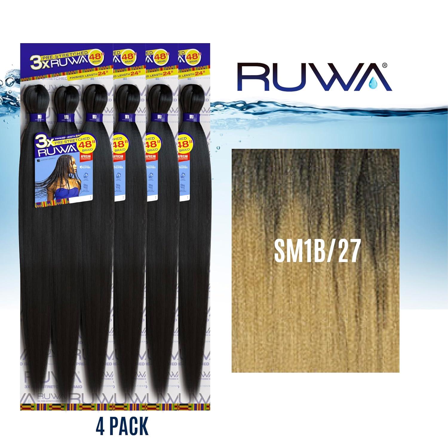 imageSensationnel Ruwa prestretched braiding hair 3x 48 inch water repellent kanekalon fast dry synthetic sports itch free 3 pack 1 JETBLACKSM1B27