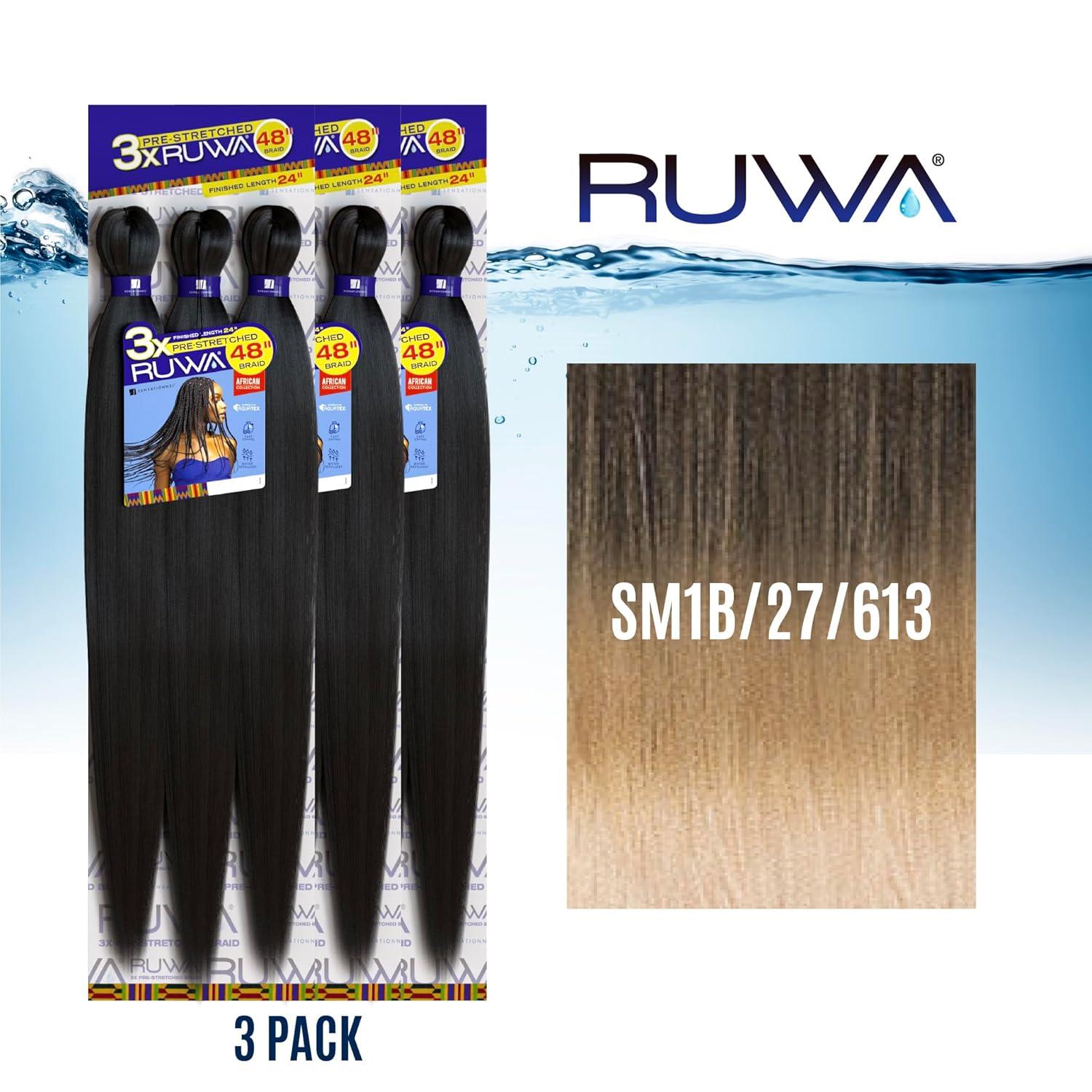 imageSensationnel Ruwa prestretched braiding hair 3x 48 inch water repellent kanekalon fast dry synthetic sports itch free 3 pack 1 JETBLACKSM1B27613