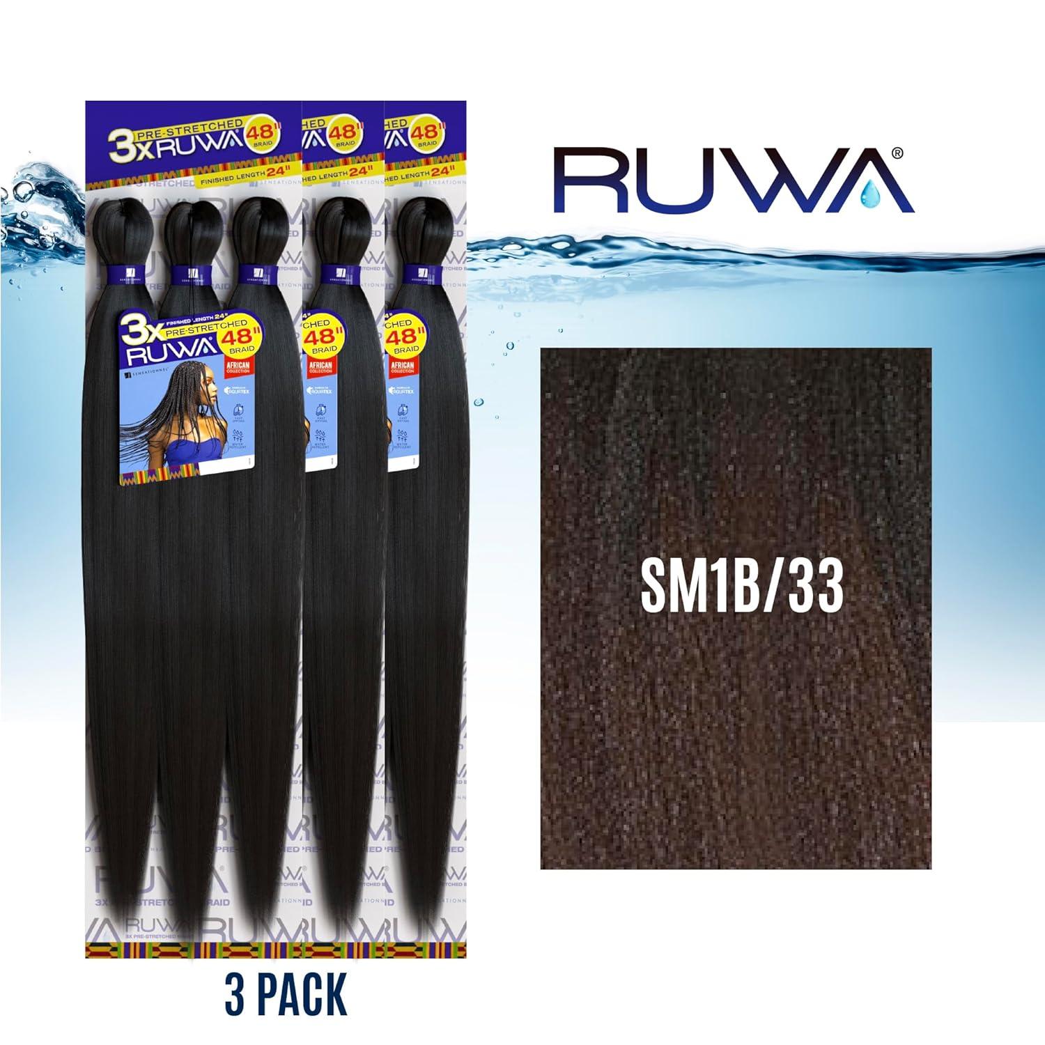 imageSensationnel Ruwa prestretched braiding hair 3x 48 inch water repellent kanekalon fast dry synthetic sports itch free 3 pack 1 JETBLACKSM1B33