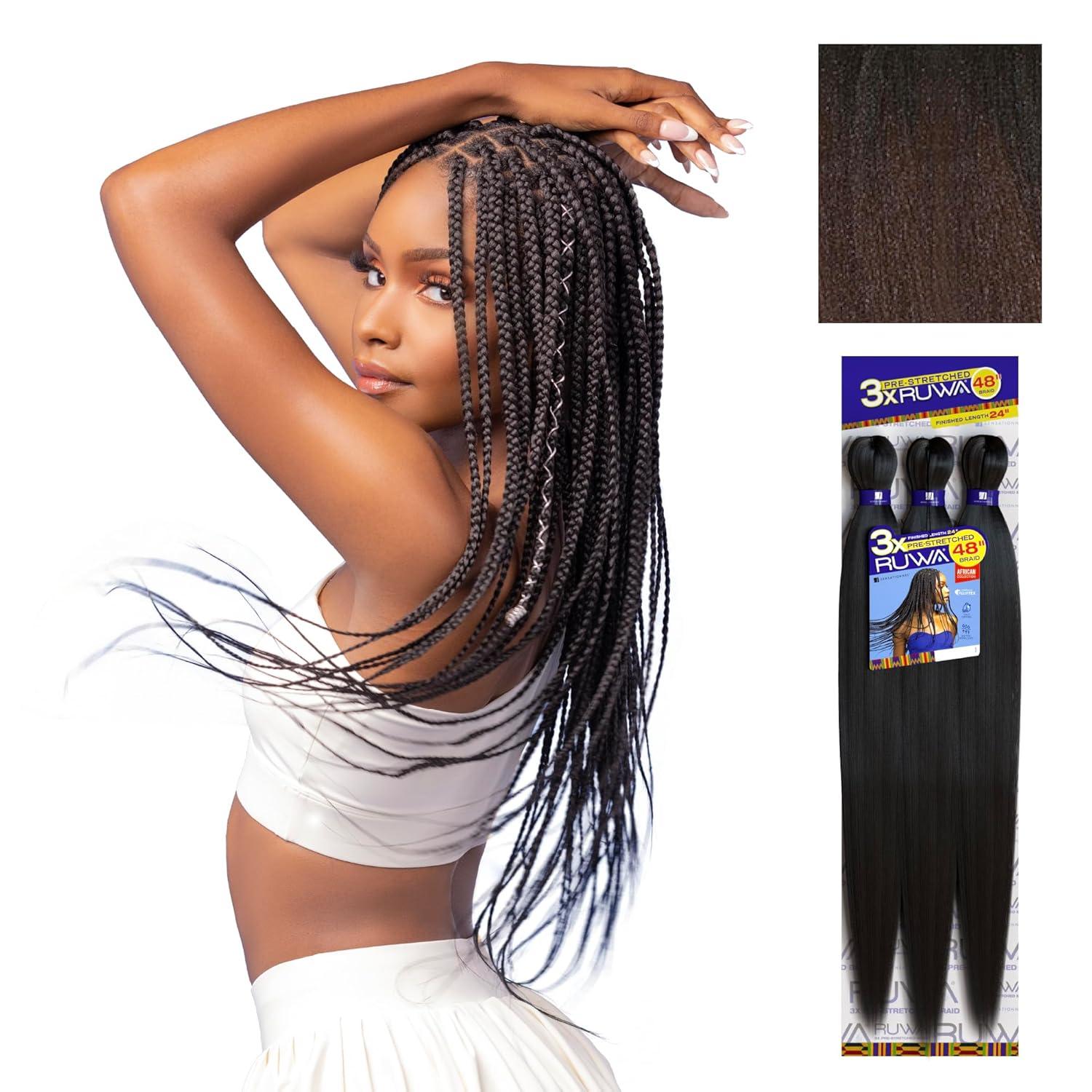 imageSensationnel Ruwa prestretched braiding hair 3x 48 inch water repellent kanekalon fast dry synthetic sports itch free 3 pack 1 JETBLACKSM1B33