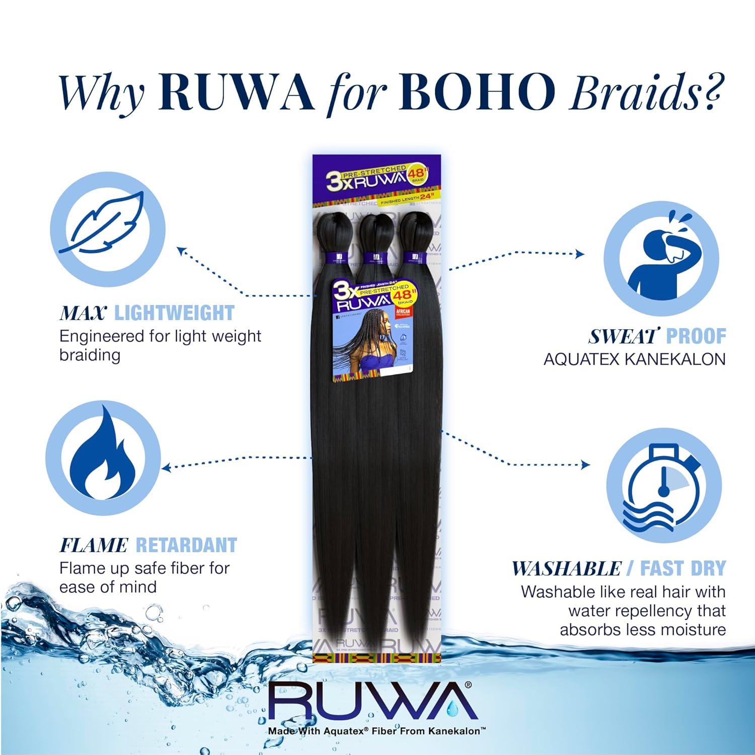 imageSensationnel Ruwa prestretched braiding hair 3x 48 inch water repellent kanekalon fast dry synthetic sports itch free 3 pack 1 JETBLACKSM1B33