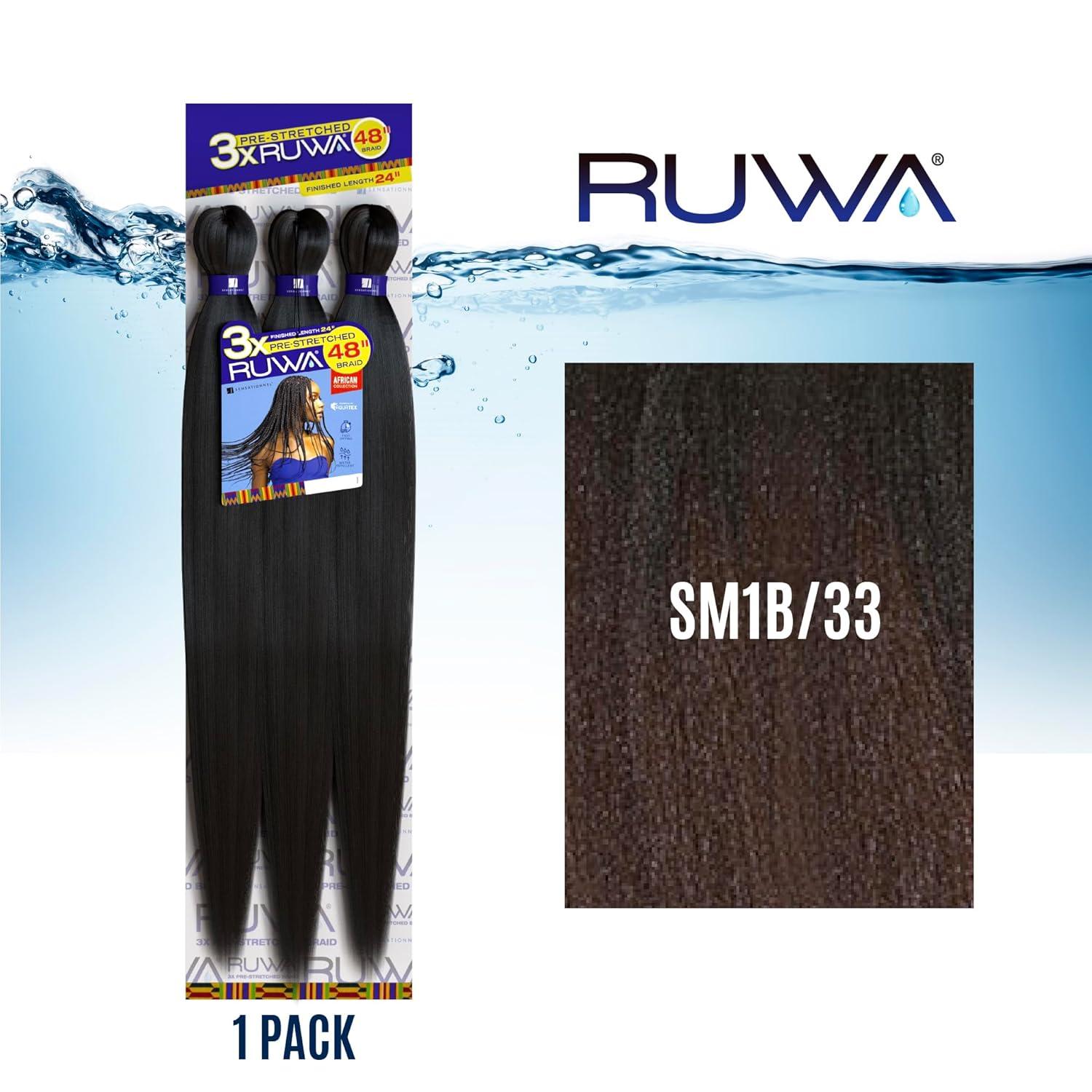 imageSensationnel Ruwa prestretched braiding hair 3x 48 inch water repellent kanekalon fast dry synthetic sports itch free 3 pack 1 JETBLACKSM1B33