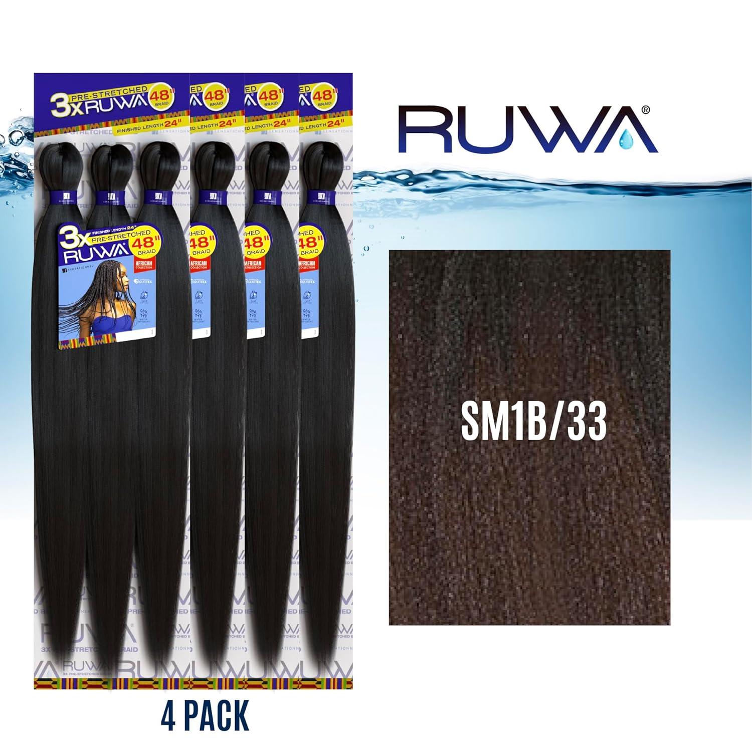 imageSensationnel Ruwa prestretched braiding hair 3x 48 inch water repellent kanekalon fast dry synthetic sports itch free 3 pack 1 JETBLACKSM1B33