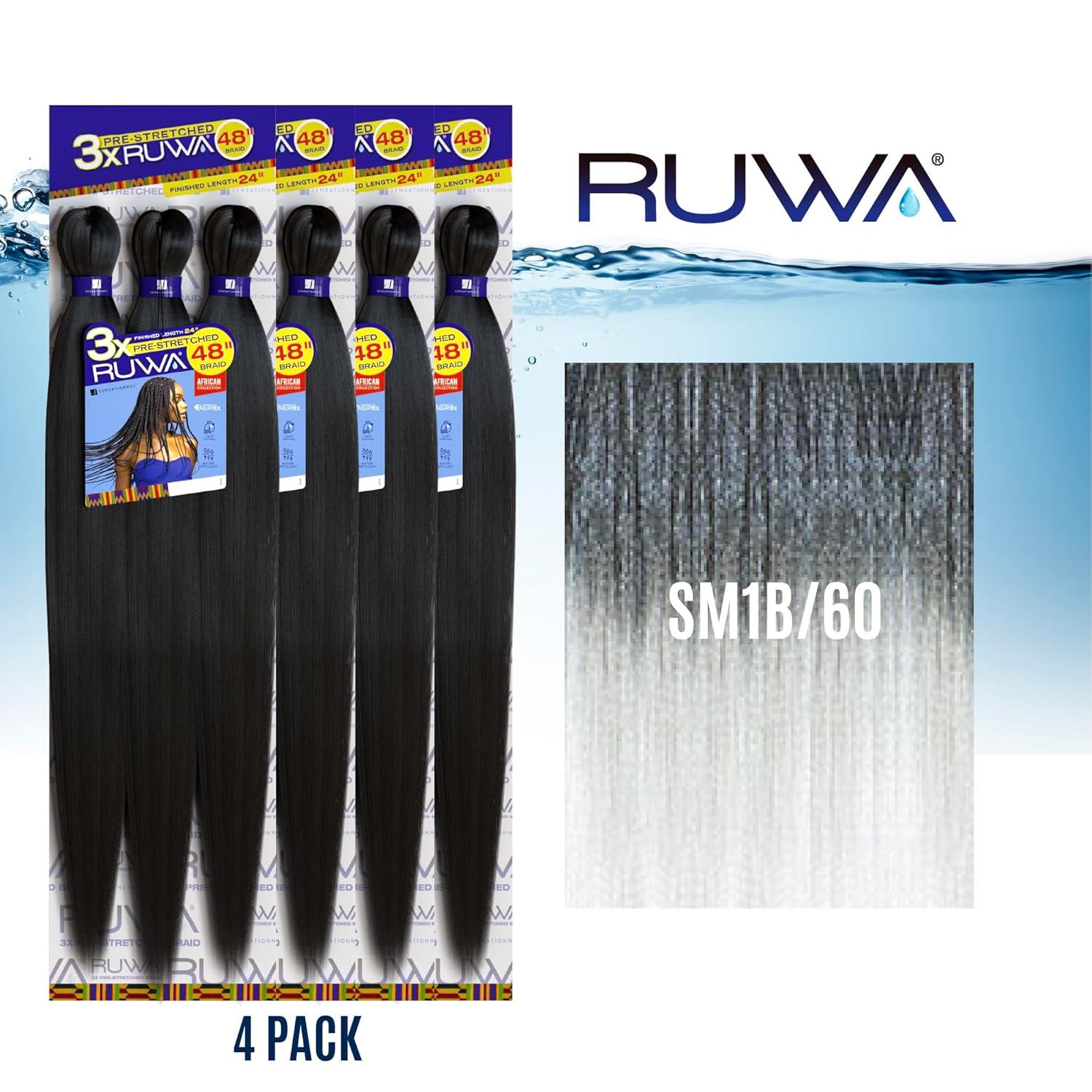 imageSensationnel Ruwa prestretched braiding hair 3x 48 inch water repellent kanekalon fast dry synthetic sports itch free 3 pack 1 JETBLACKSM1B60