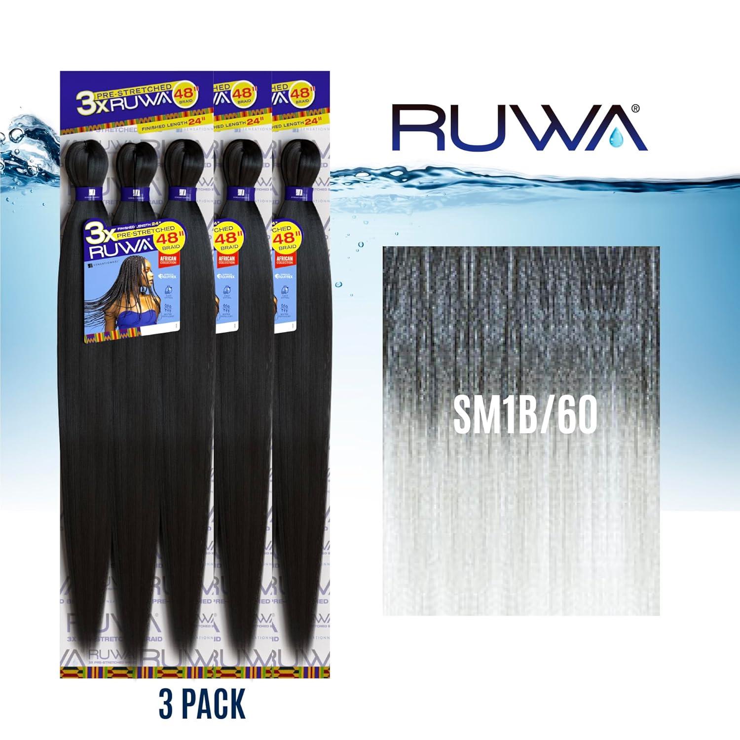 imageSensationnel Ruwa prestretched braiding hair 3x 48 inch water repellent kanekalon fast dry synthetic sports itch free 3 pack 1 JETBLACKSM1B60