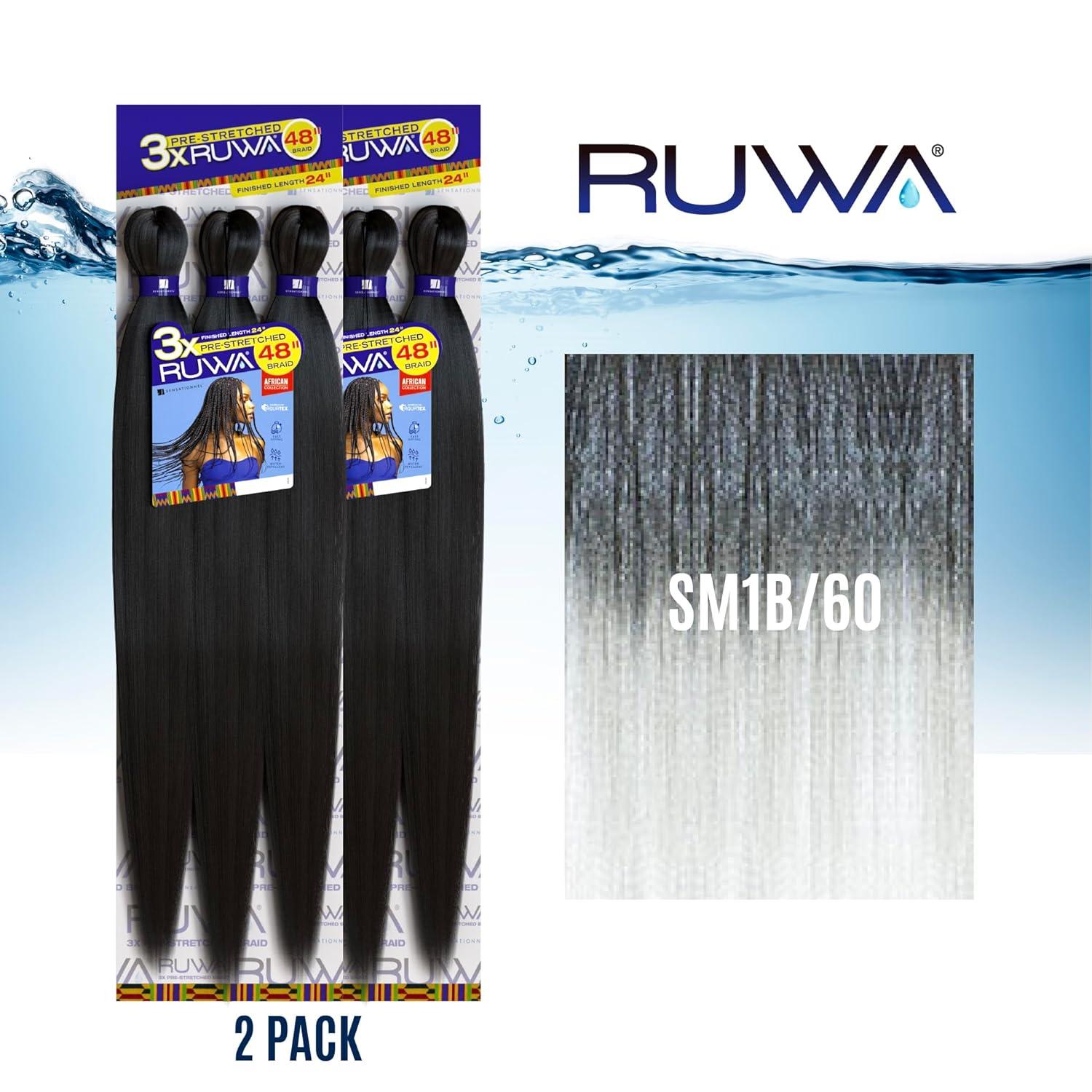 imageSensationnel Ruwa prestretched braiding hair 3x 48 inch water repellent kanekalon fast dry synthetic sports itch free 3 pack 1 JETBLACKSM1B60