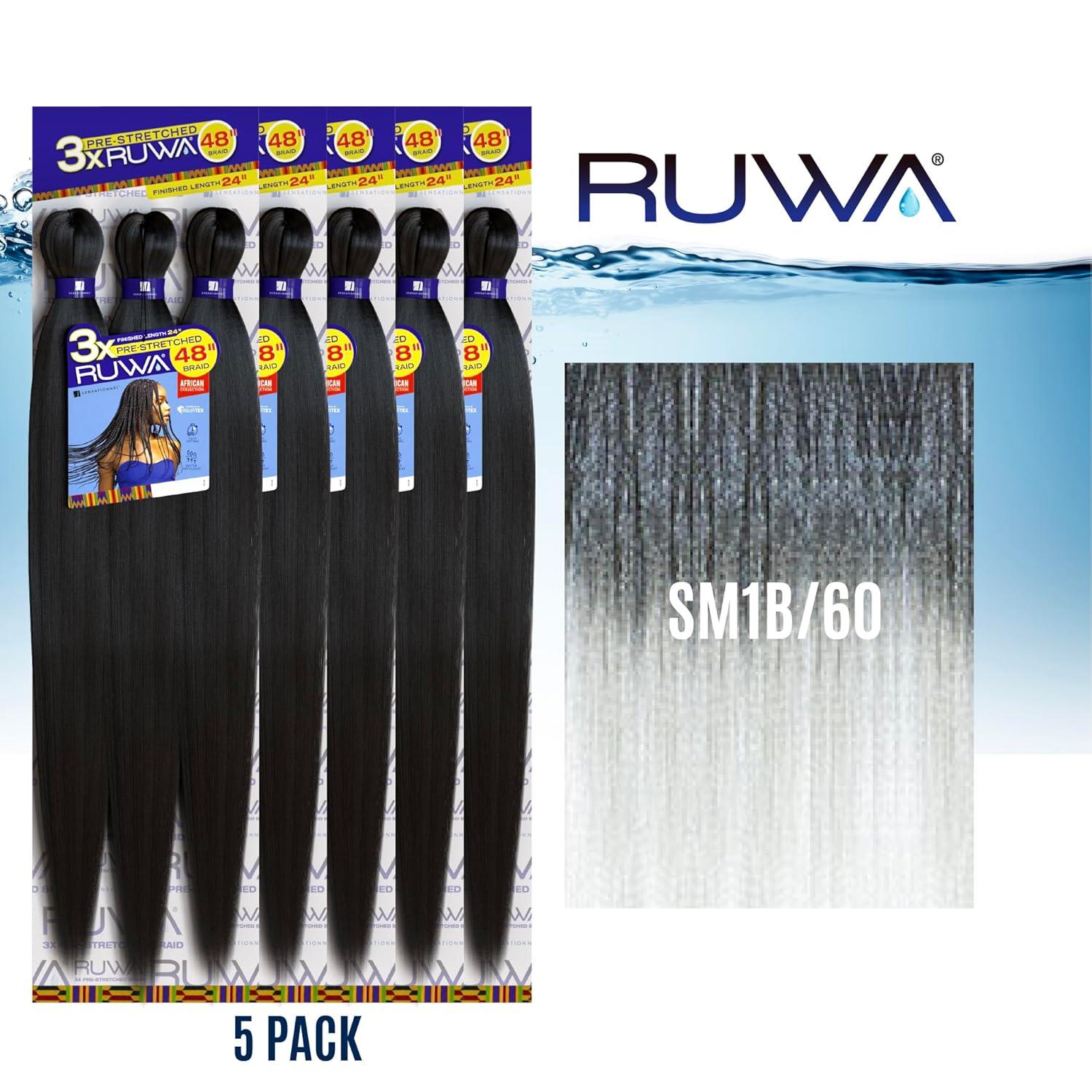 imageSensationnel Ruwa prestretched braiding hair 3x 48 inch water repellent kanekalon fast dry synthetic sports itch free 3 pack 1 JETBLACKSM1B60