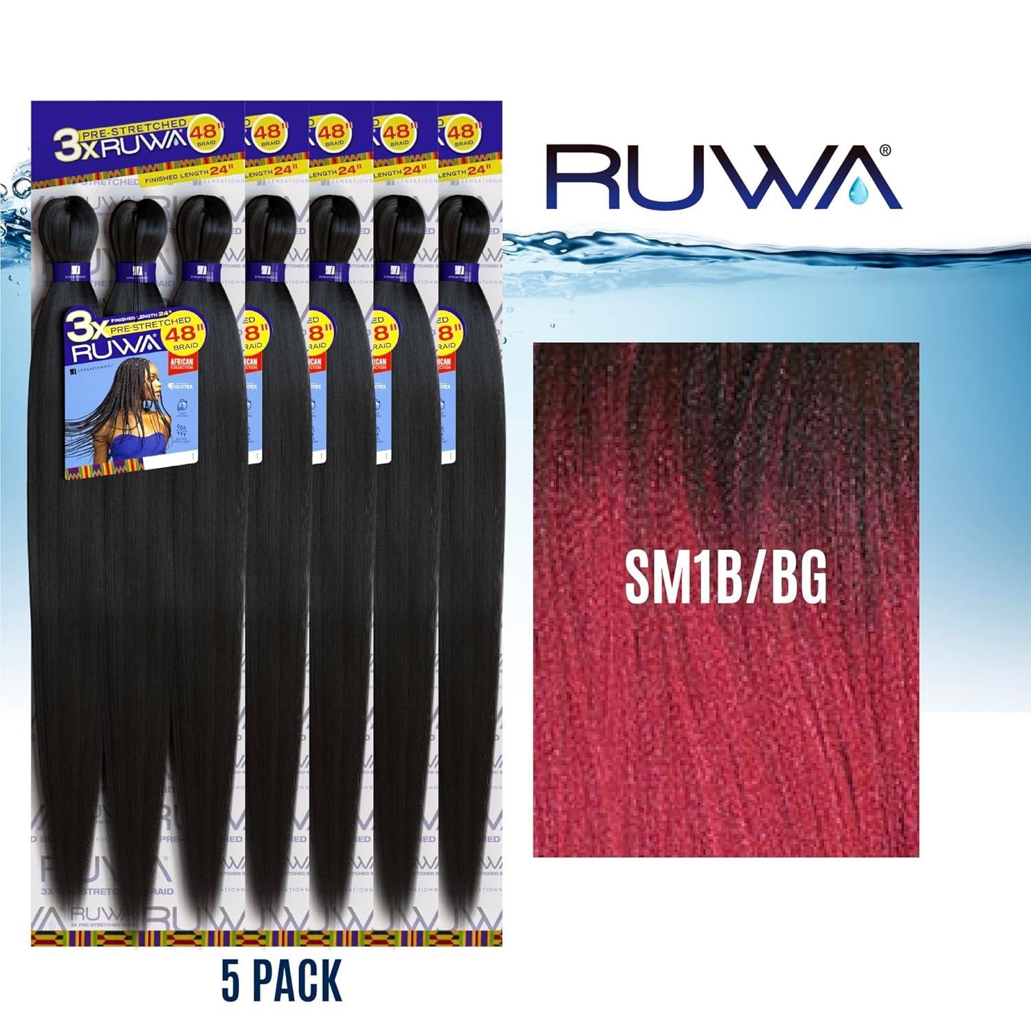 imageSensationnel Ruwa prestretched braiding hair 3x 48 inch water repellent kanekalon fast dry synthetic sports itch free 3 pack 1 JETBLACKSM1BBG