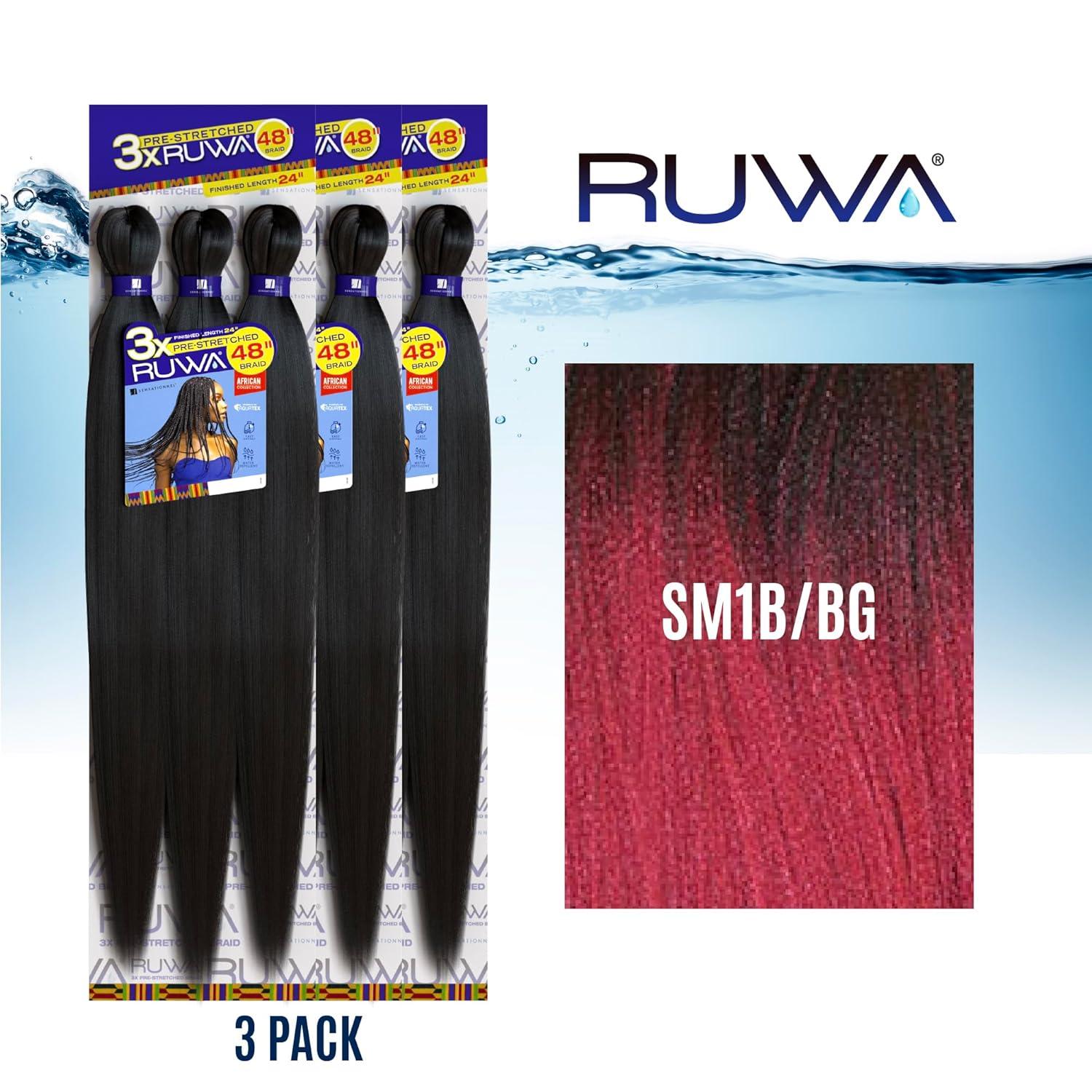 imageSensationnel Ruwa prestretched braiding hair 3x 48 inch water repellent kanekalon fast dry synthetic sports itch free 3 pack 1 JETBLACKSM1BBG