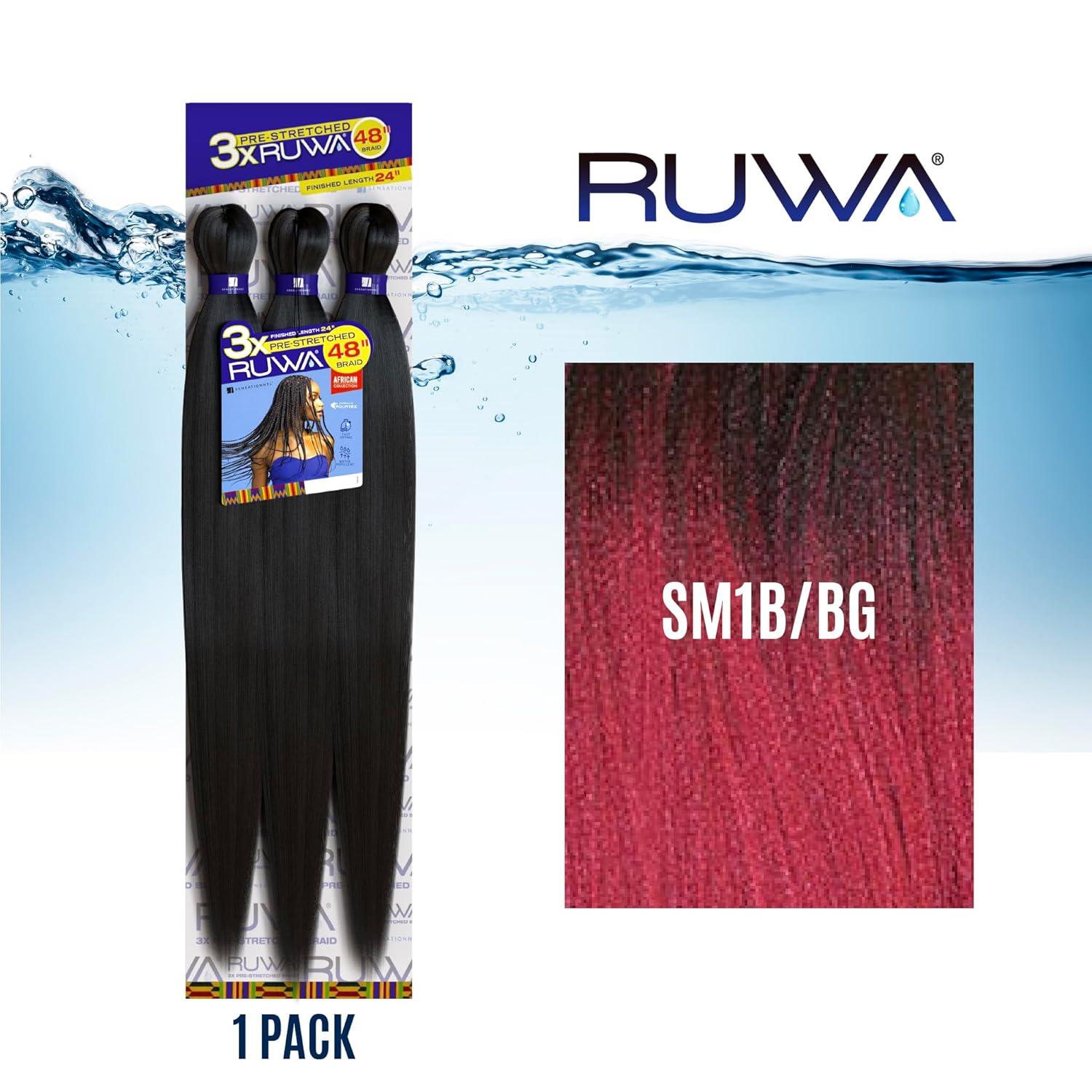 imageSensationnel Ruwa prestretched braiding hair 3x 48 inch water repellent kanekalon fast dry synthetic sports itch free 3 pack 1 JETBLACKSM1BBG