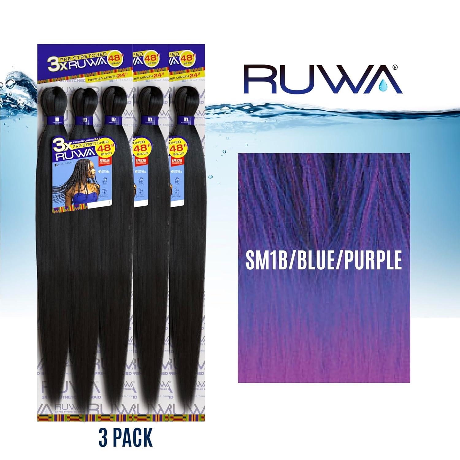 imageSensationnel Ruwa prestretched braiding hair 3x 48 inch water repellent kanekalon fast dry synthetic sports itch free 3 pack 1 JETBLACKSM1BBLUEPURPLE