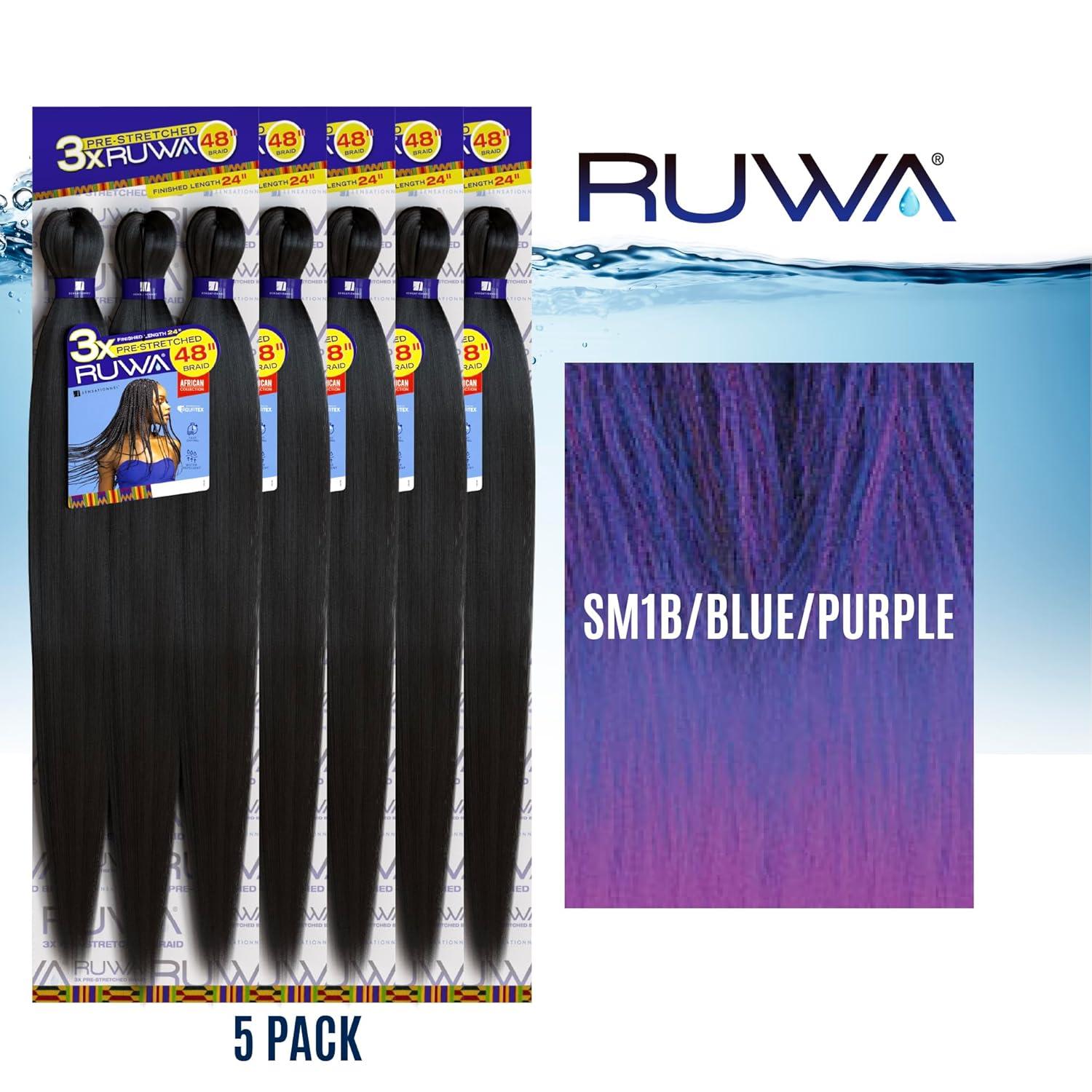 imageSensationnel Ruwa prestretched braiding hair 3x 48 inch water repellent kanekalon fast dry synthetic sports itch free 3 pack 1 JETBLACKSM1BBLUEPURPLE