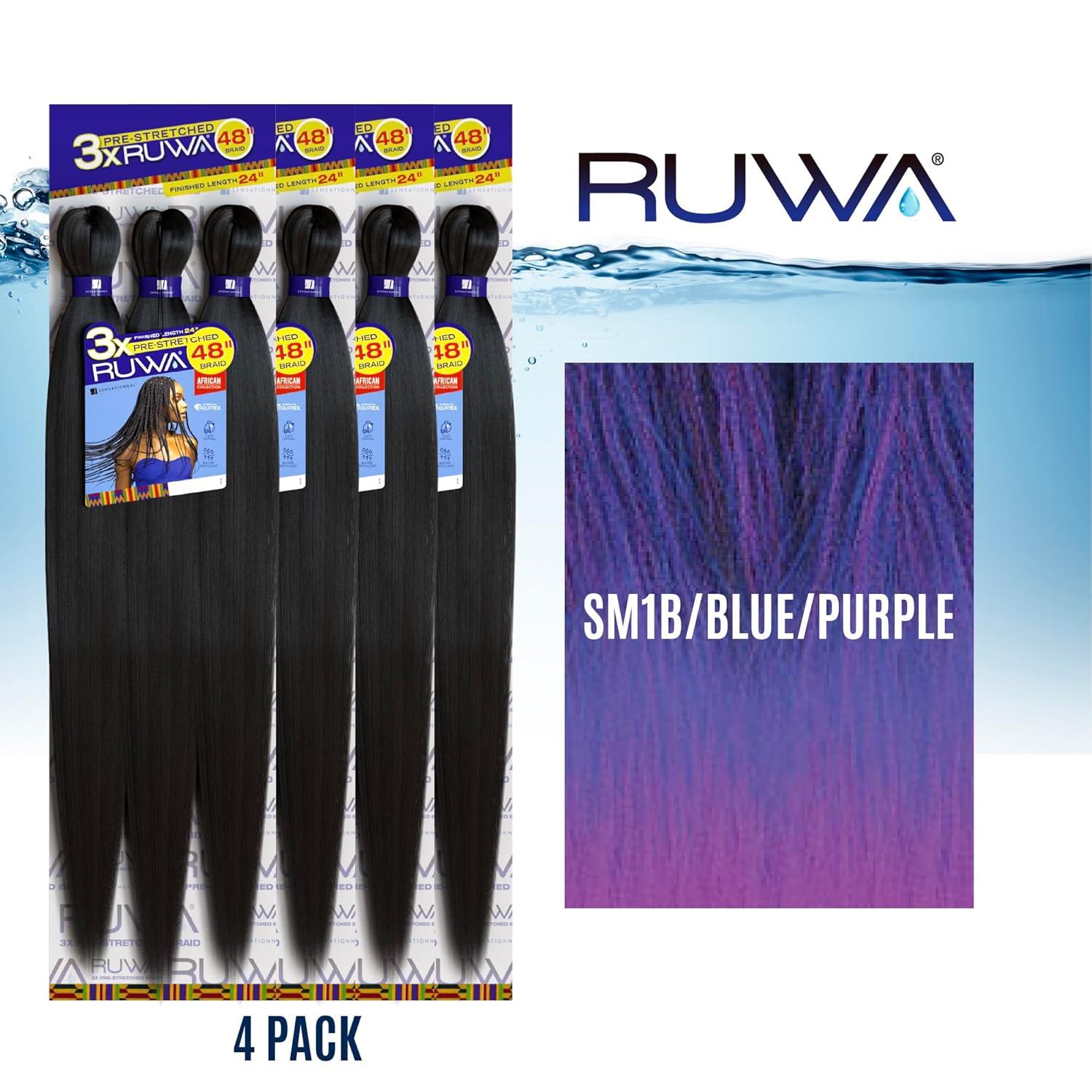 imageSensationnel Ruwa prestretched braiding hair 3x 48 inch water repellent kanekalon fast dry synthetic sports itch free 3 pack 1 JETBLACKSM1BBLUEPURPLE