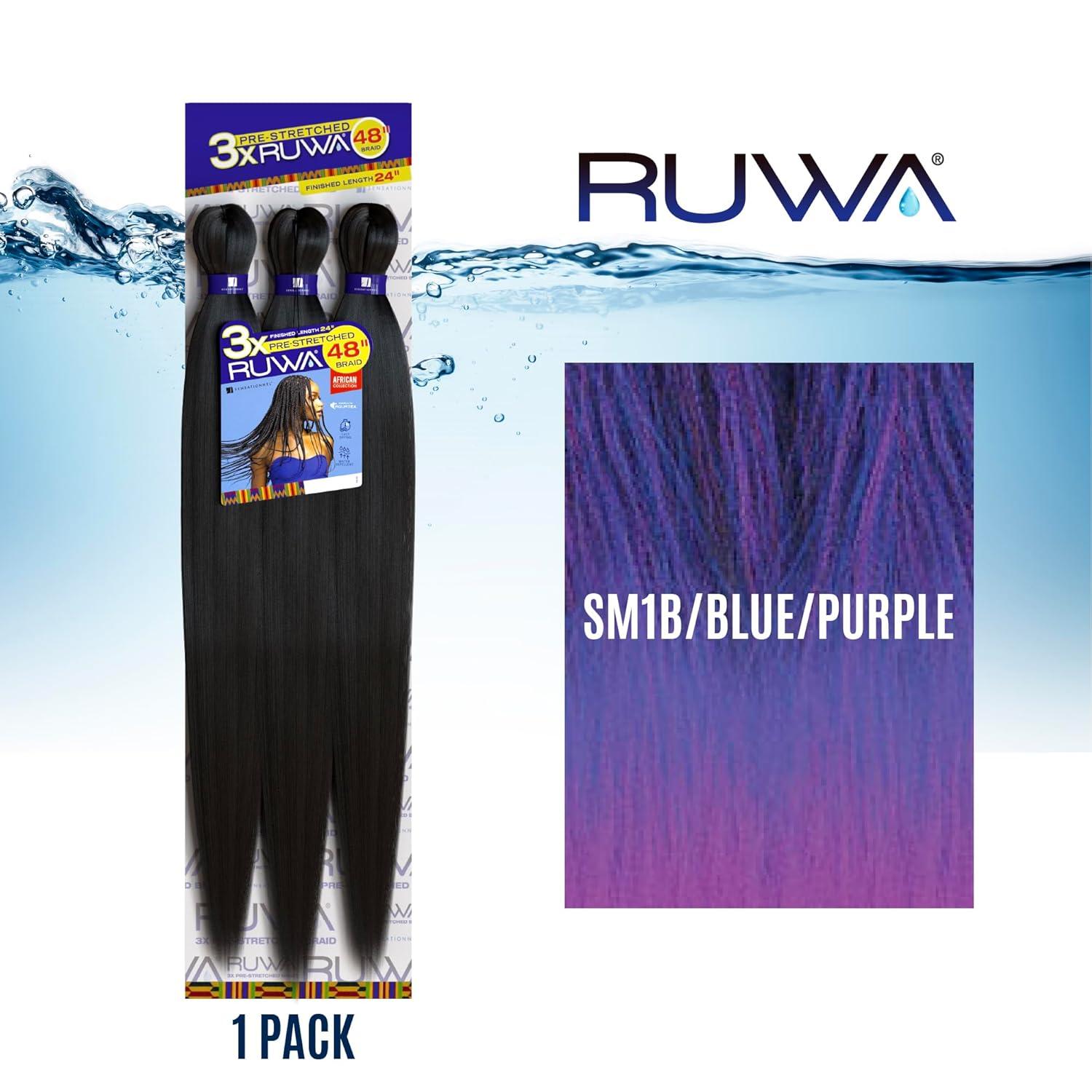 imageSensationnel Ruwa prestretched braiding hair 3x 48 inch water repellent kanekalon fast dry synthetic sports itch free 3 pack 1 JETBLACKSM1BBLUEPURPLE