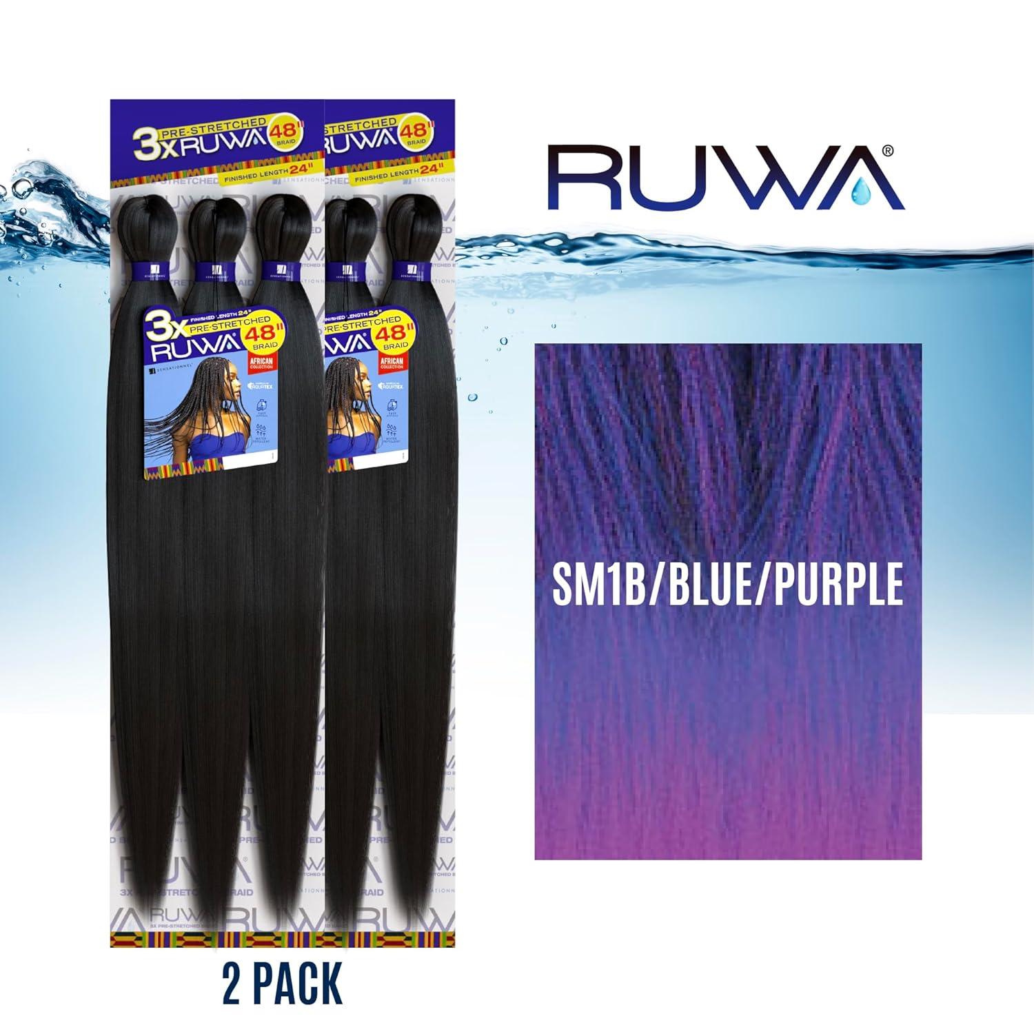 imageSensationnel Ruwa prestretched braiding hair 3x 48 inch water repellent kanekalon fast dry synthetic sports itch free 3 pack 1 JETBLACKSM1BBLUEPURPLE