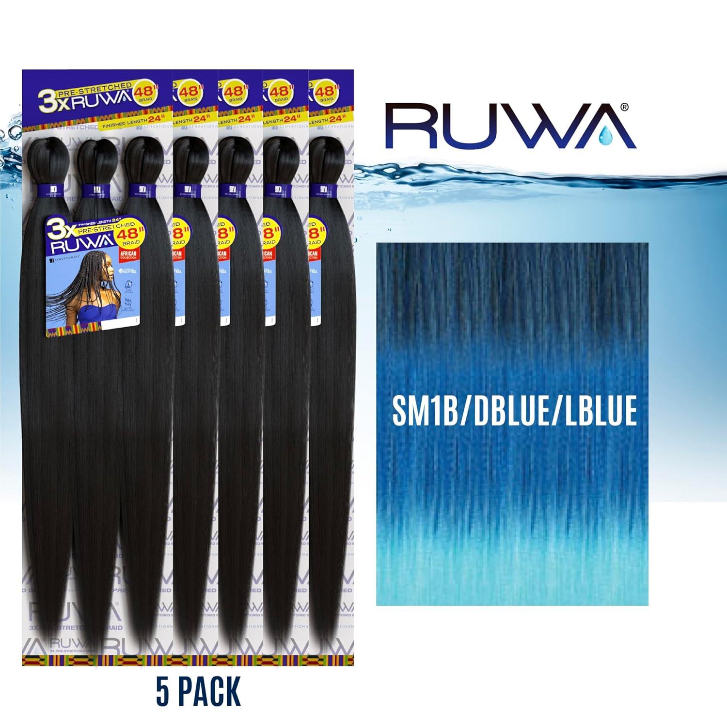 imageSensationnel Ruwa prestretched braiding hair 3x 48 inch water repellent kanekalon fast dry synthetic sports itch free 3 pack 1 JETBLACKSM1BDBLUELBLUE