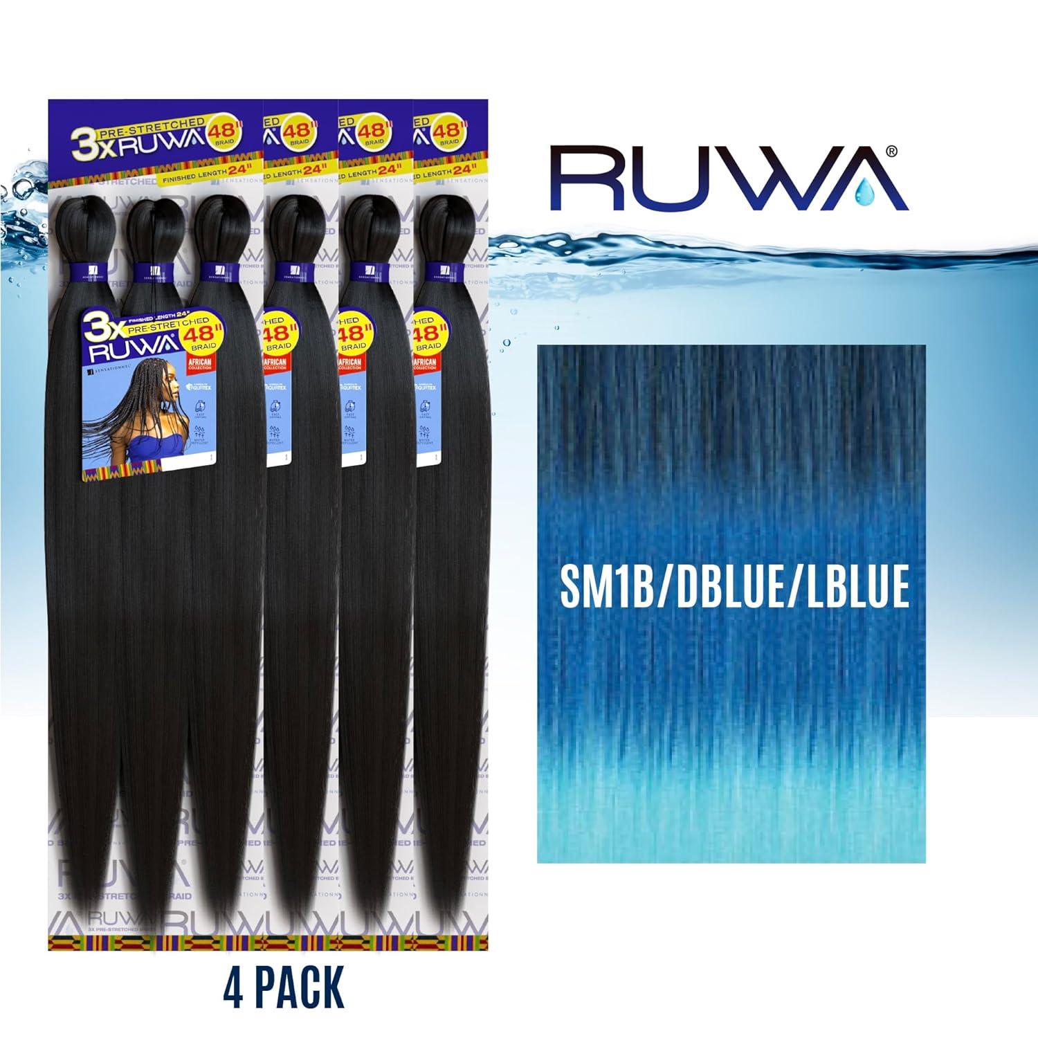 imageSensationnel Ruwa prestretched braiding hair 3x 48 inch water repellent kanekalon fast dry synthetic sports itch free 3 pack 1 JETBLACKSM1BDBLUELBLUE
