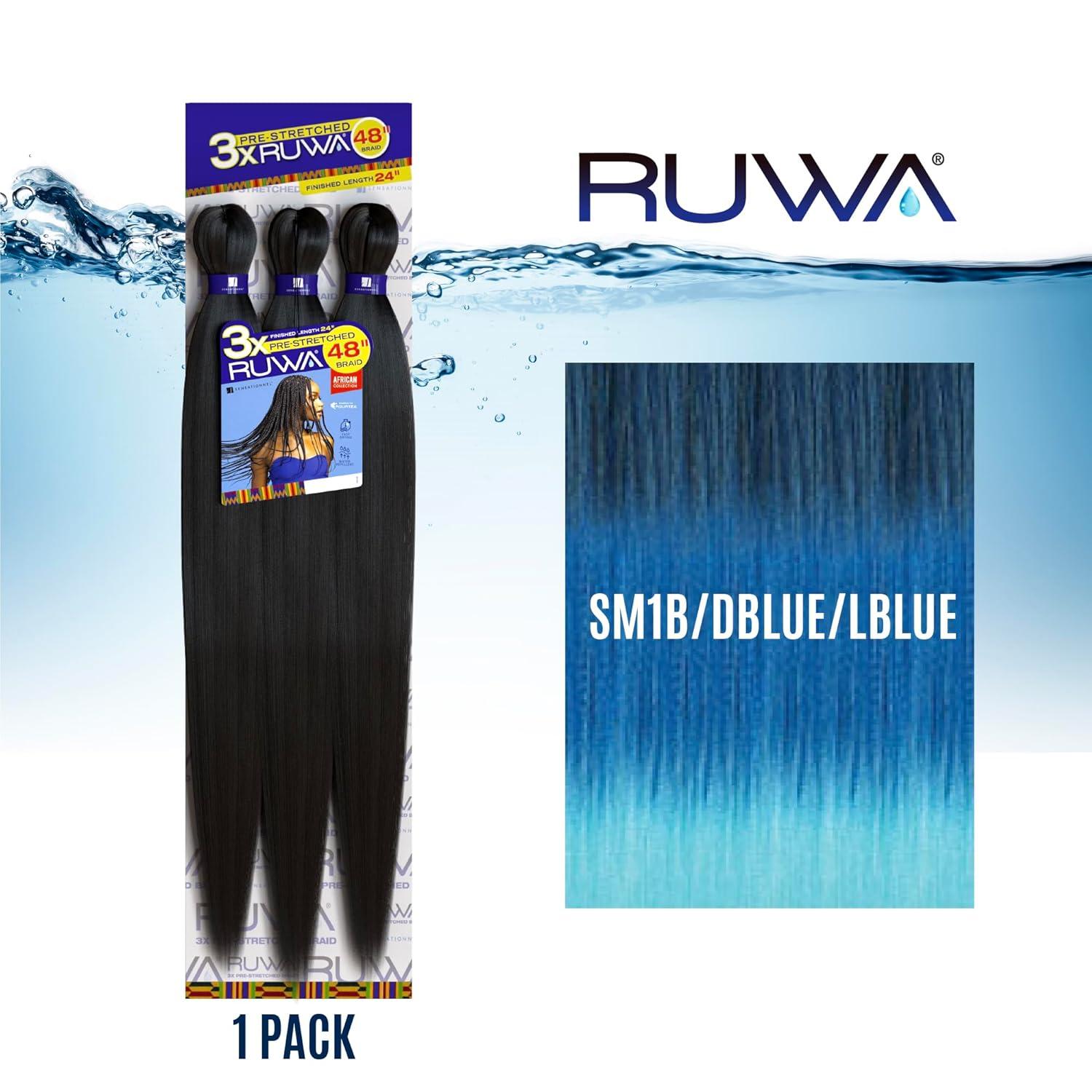imageSensationnel Ruwa prestretched braiding hair 3x 48 inch water repellent kanekalon fast dry synthetic sports itch free 3 pack 1 JETBLACKSM1BDBLUELBLUE