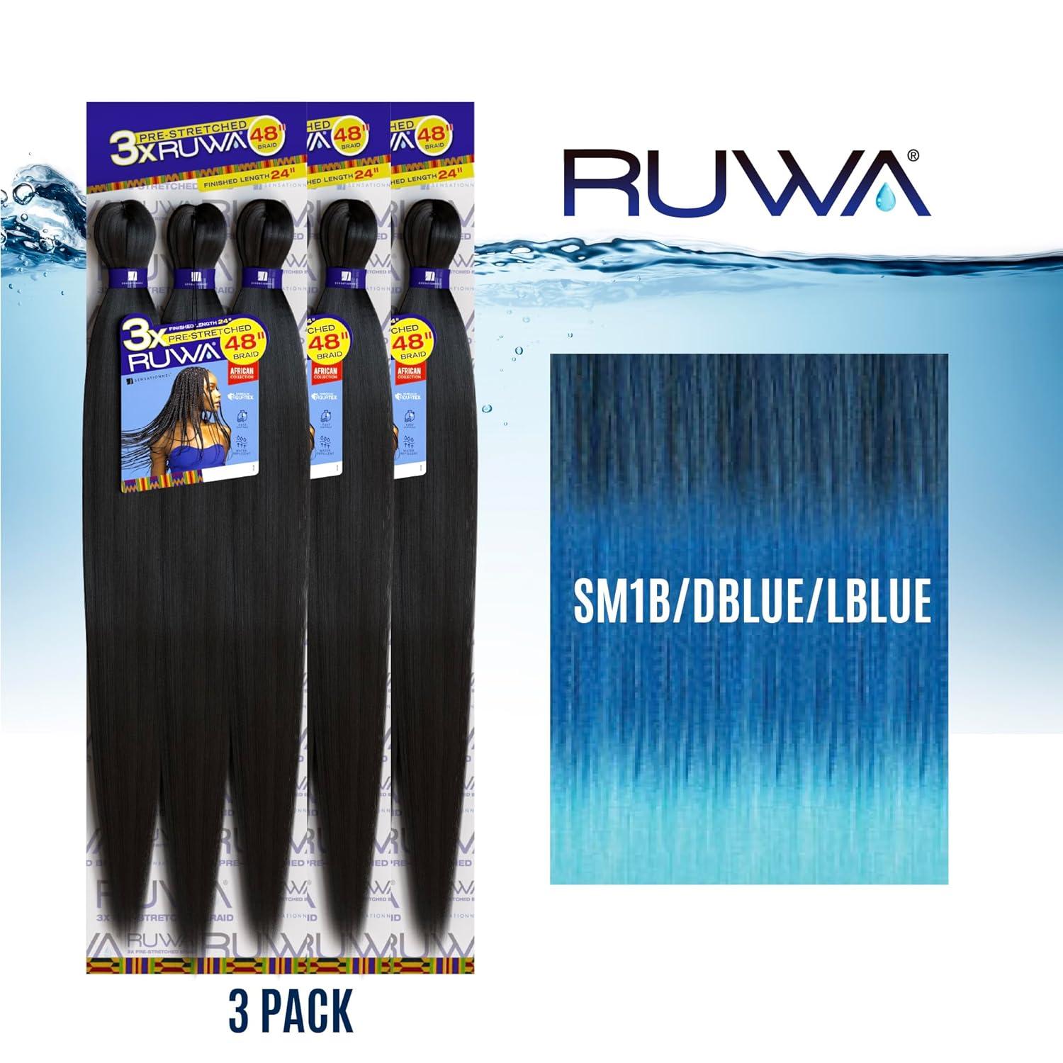 imageSensationnel Ruwa prestretched braiding hair 3x 48 inch water repellent kanekalon fast dry synthetic sports itch free 3 pack 1 JETBLACKSM1BDBLUELBLUE