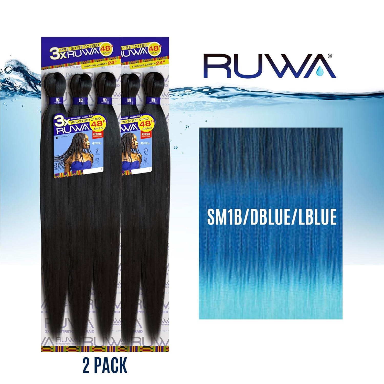imageSensationnel Ruwa prestretched braiding hair 3x 48 inch water repellent kanekalon fast dry synthetic sports itch free 3 pack 1 JETBLACKSM1BDBLUELBLUE