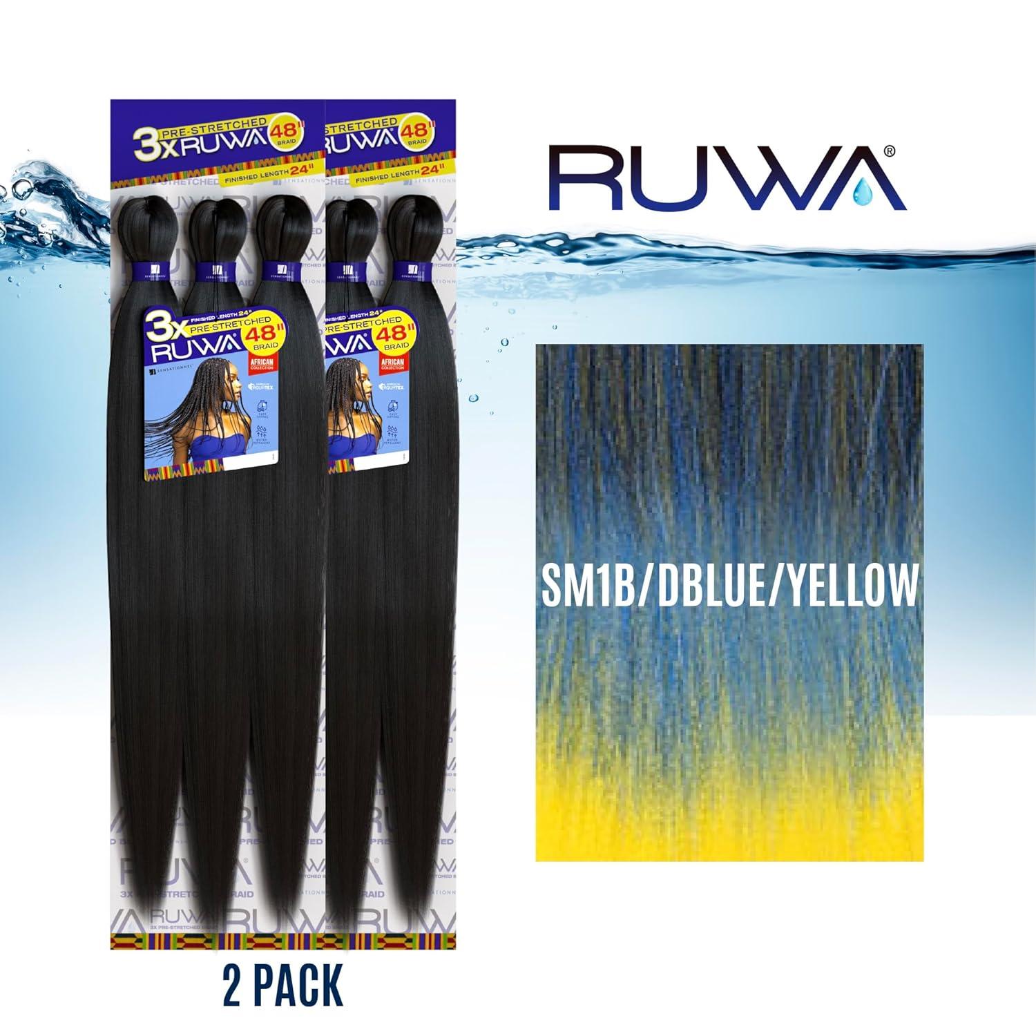 imageSensationnel Ruwa prestretched braiding hair 3x 48 inch water repellent kanekalon fast dry synthetic sports itch free 3 pack 1 JETBLACKSM1BDBLUEYELLOW