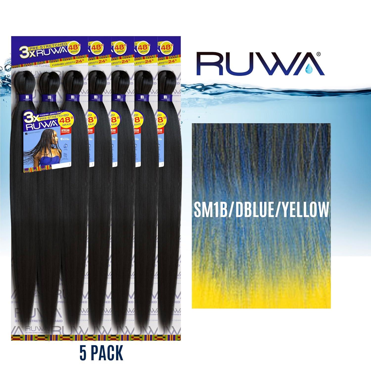 imageSensationnel Ruwa prestretched braiding hair 3x 48 inch water repellent kanekalon fast dry synthetic sports itch free 3 pack 1 JETBLACKSM1BDBLUEYELLOW
