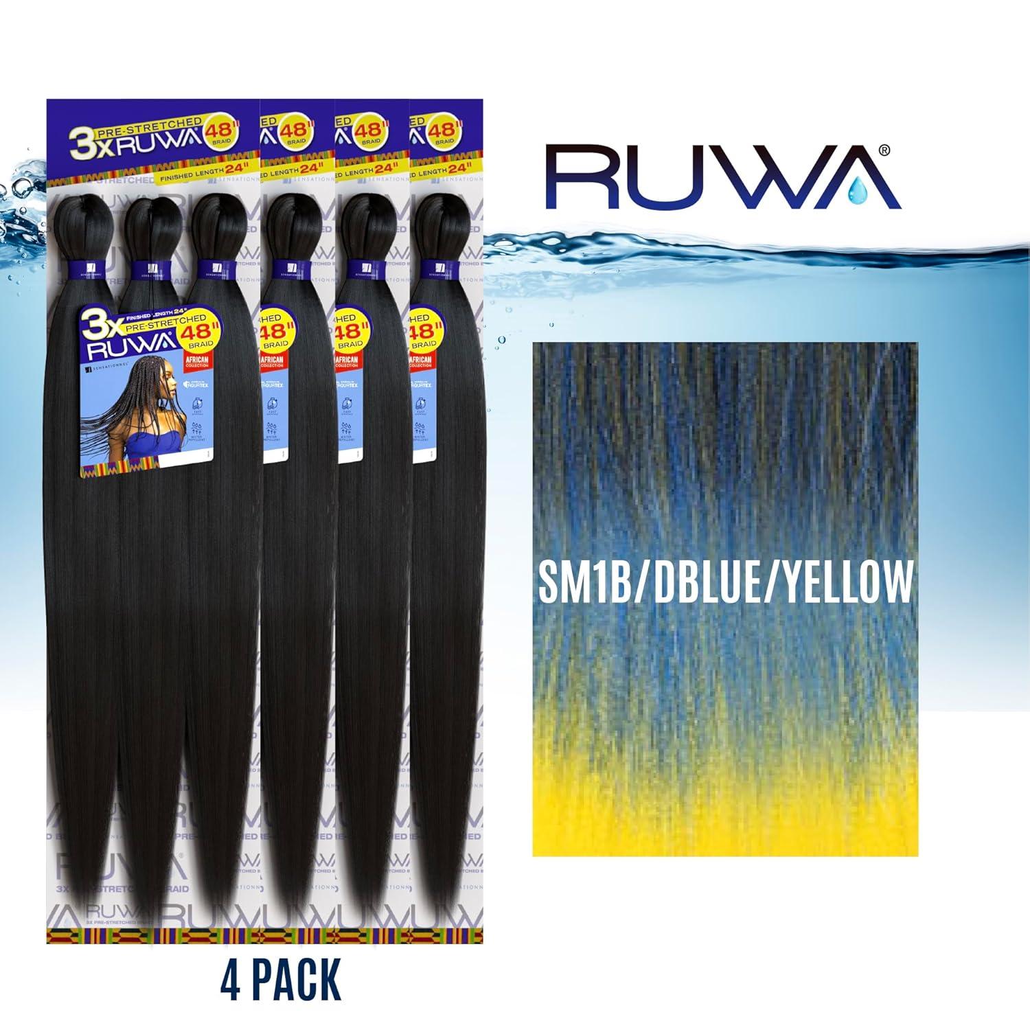 imageSensationnel Ruwa prestretched braiding hair 3x 48 inch water repellent kanekalon fast dry synthetic sports itch free 3 pack 1 JETBLACKSM1BDBLUEYELLOW