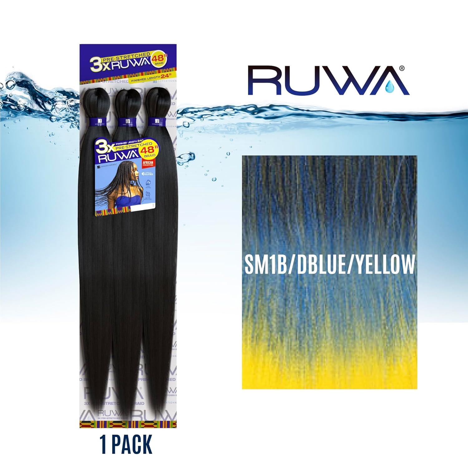 imageSensationnel Ruwa prestretched braiding hair 3x 48 inch water repellent kanekalon fast dry synthetic sports itch free 3 pack 1 JETBLACKSM1BDBLUEYELLOW