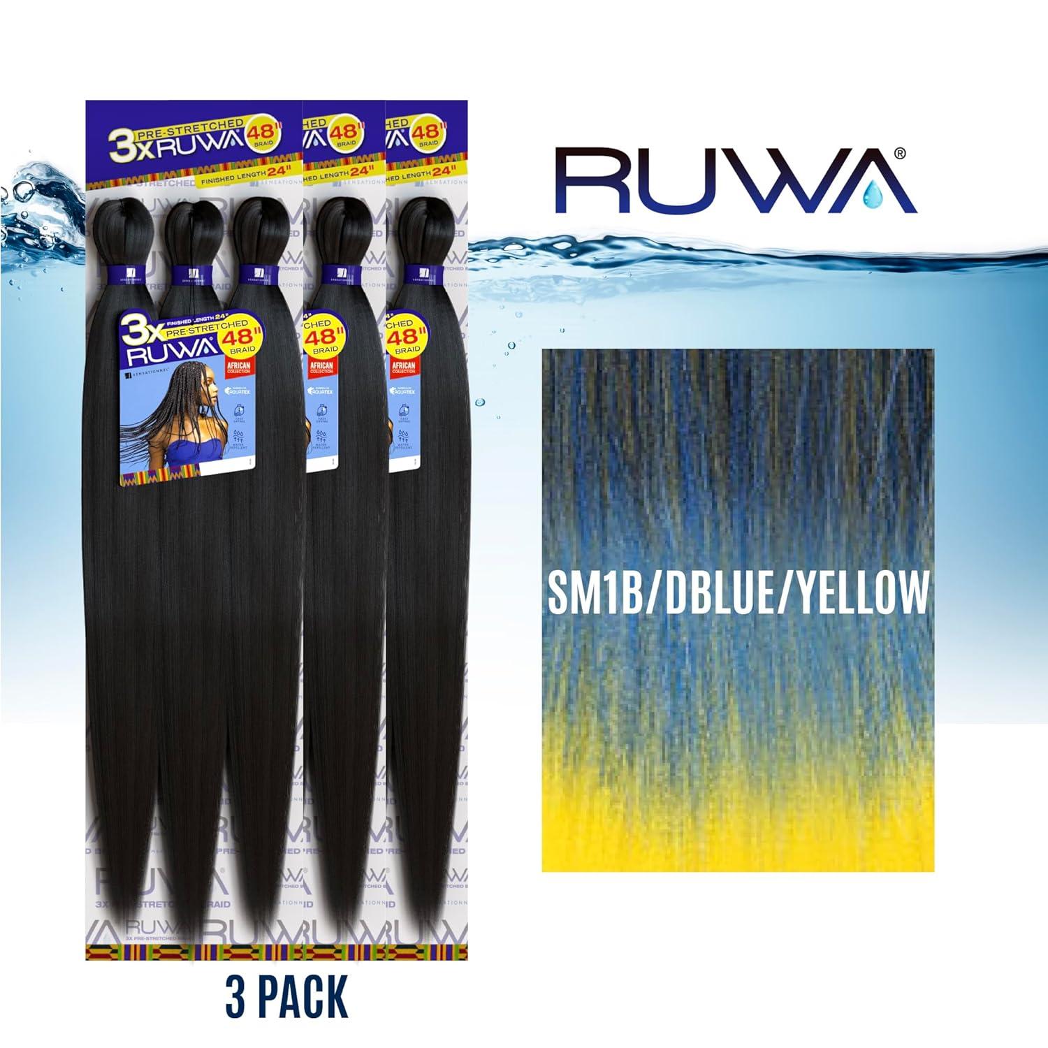 imageSensationnel Ruwa prestretched braiding hair 3x 48 inch water repellent kanekalon fast dry synthetic sports itch free 3 pack 1 JETBLACKSM1BDBLUEYELLOW