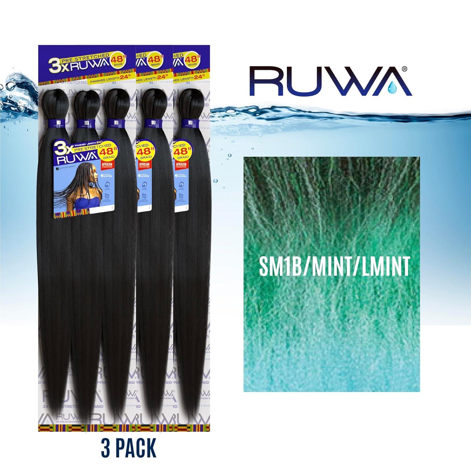 imageSensationnel Ruwa prestretched braiding hair 3x 48 inch water repellent kanekalon fast dry synthetic sports itch free 3 pack 1 JETBLACKSM1BMINTLMINT