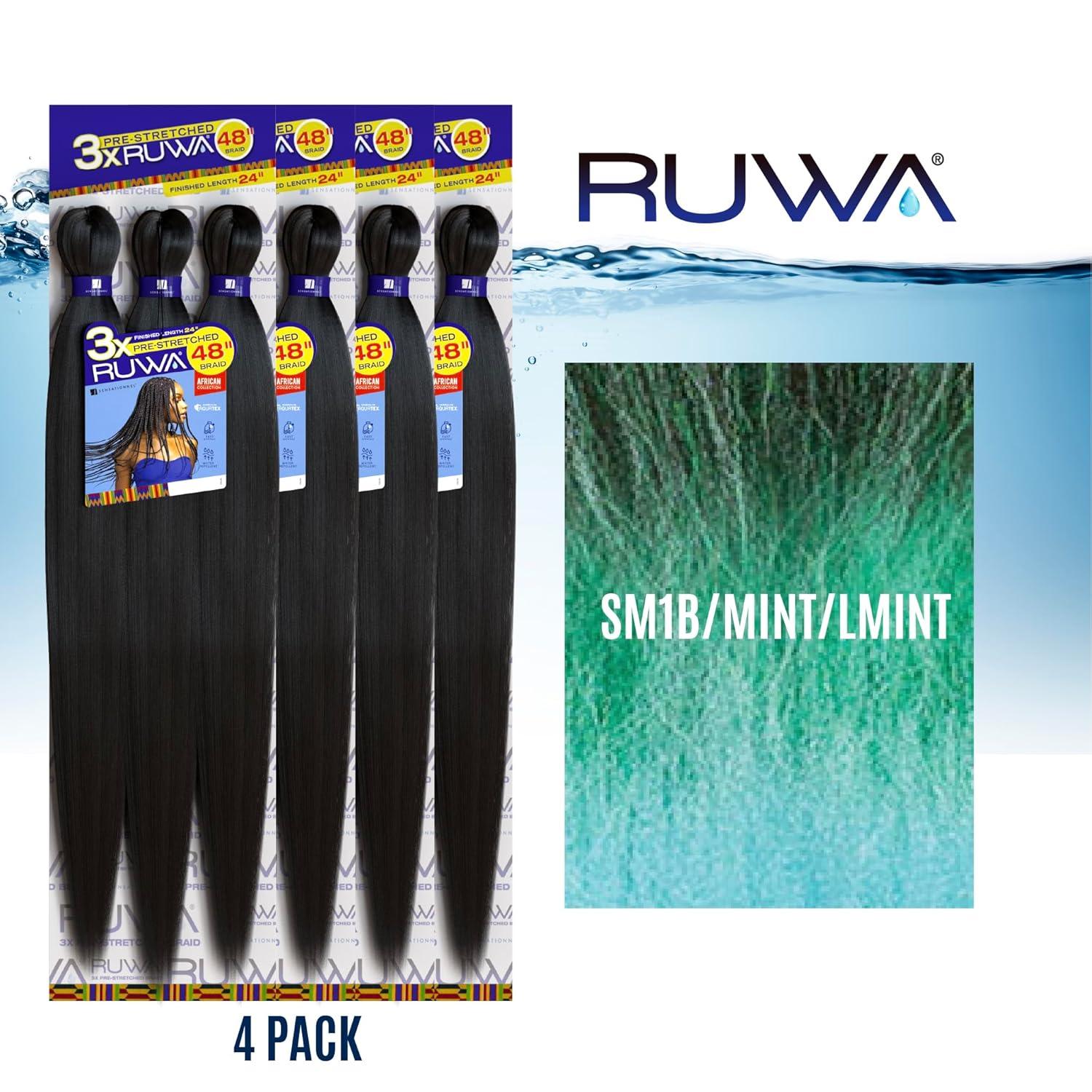 imageSensationnel Ruwa prestretched braiding hair 3x 48 inch water repellent kanekalon fast dry synthetic sports itch free 3 pack 1 JETBLACKSM1BMINTLMINT